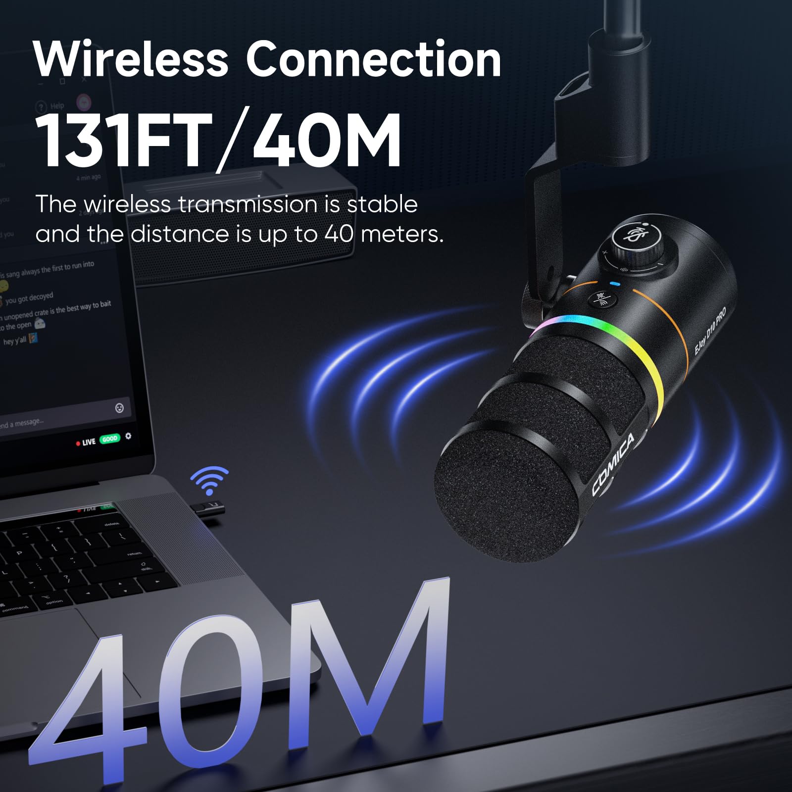 COMICA EJoy D10 Pro Kabellos Dynamisches Gaming Mikrofon, RGB, Schwarz | Kabellos mit 48h Akkulaufzeit, XLR/USB-C Ausgang, Mute Button, Vocal Mic für Podcast, Streaming, Gaming, Studio und Aufnahme