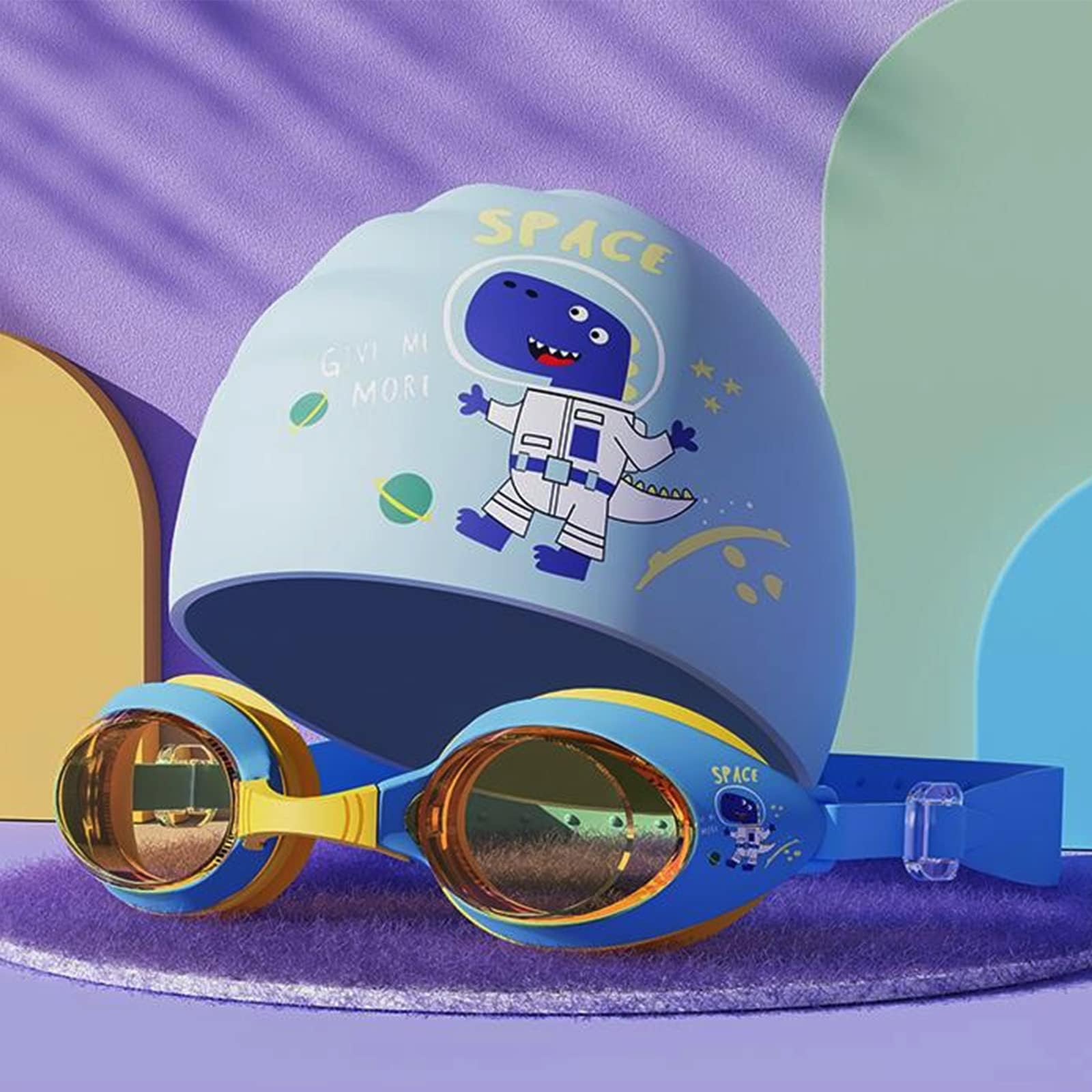 VUCATINKids Swimming Cap with Swim Goggles, Silicone Cartoon Girls Swim Cap Boys Bathing Caps for Kids, Waterproof Tear-resistance Durable for Children Long and Short Hair, Age 3-15