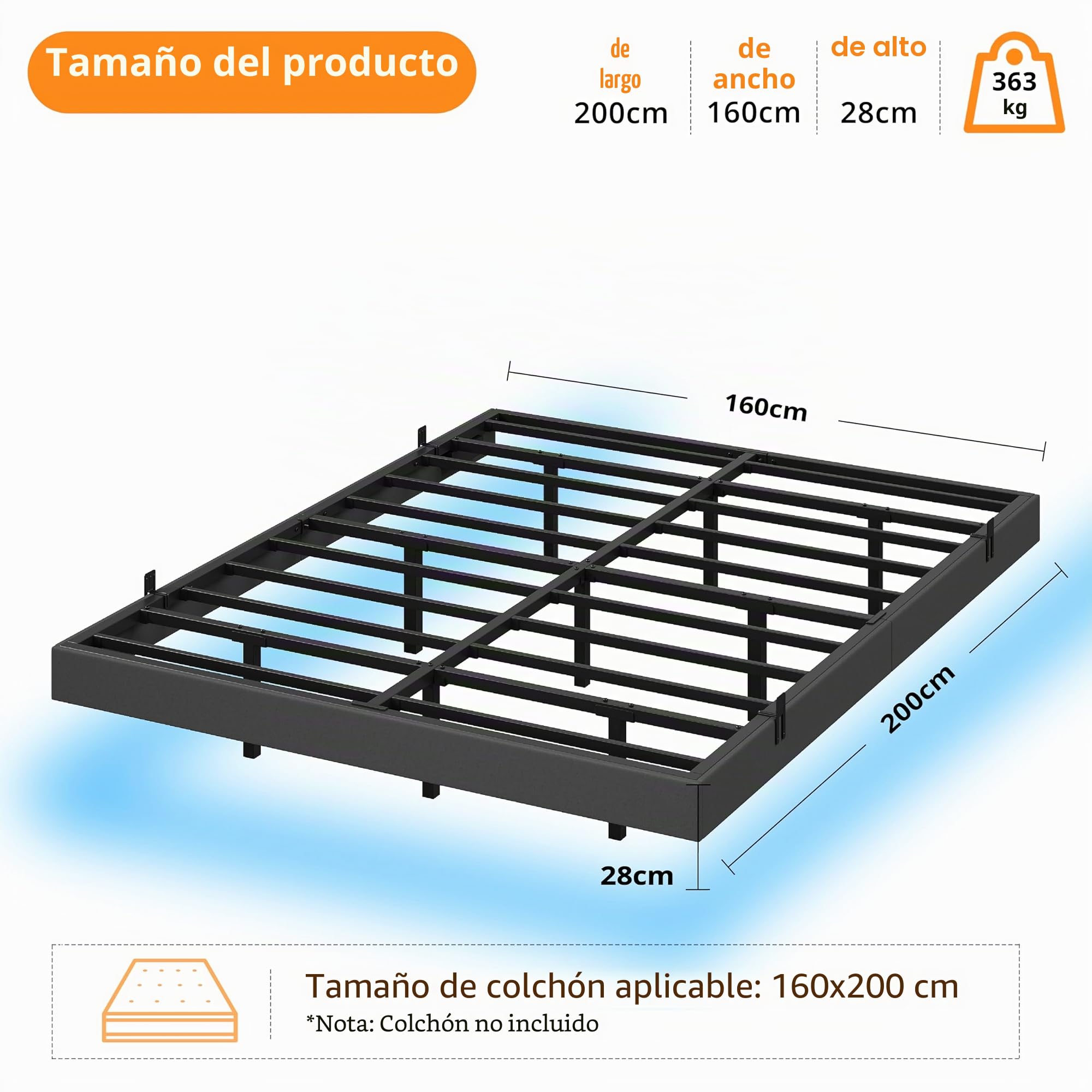 IRONCK Cama de 160 x 200 cm con iluminación LED y estación de Carga, Estructura de Cama de 160 x 200 cm, Color Gris