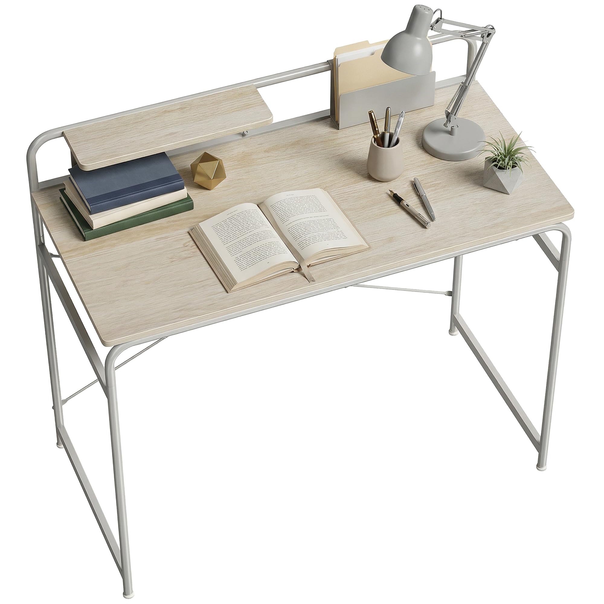 HOMCOM Escritorio con Estante y Estructura de Metal 98x48x88,5 cm Roble | Mesa de Escritorio Moderno, Fácil Montaje, para Oficina en Casa, Dormitorio, Espacios Pequeños