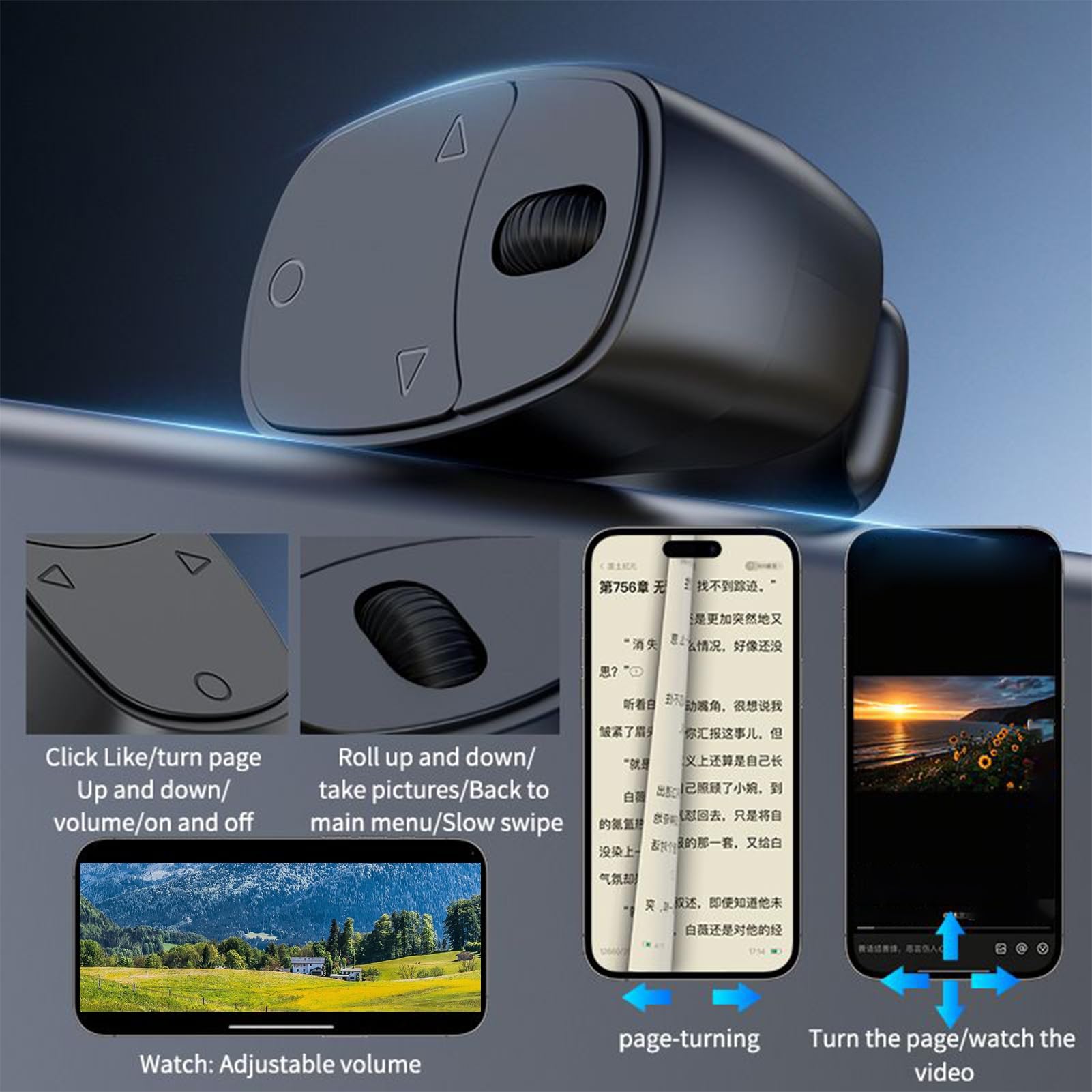 Bague de télécommande | Télécommande de défilement de doigt de 3,9 cm | Anneau de défilement ABS | Défilement intelligent ergonomique multifonctionnel avec contrôle photo vidéo, parfait pour les
