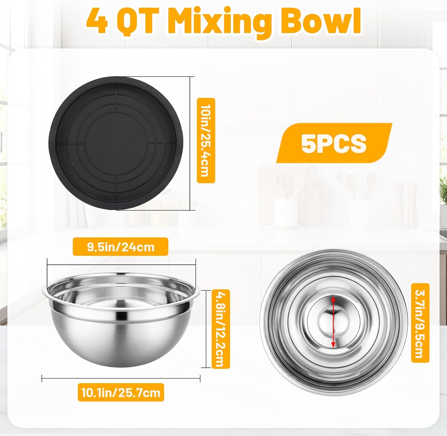 Beasea Mixing Bowls with Lids Set of 5, 4 QT Metal Stainless Steel Nesting Mixing Bowls with Airtight Lids, for Baking, Dough Bread Prepping, Salad, Food Serving and Kitchen Storing