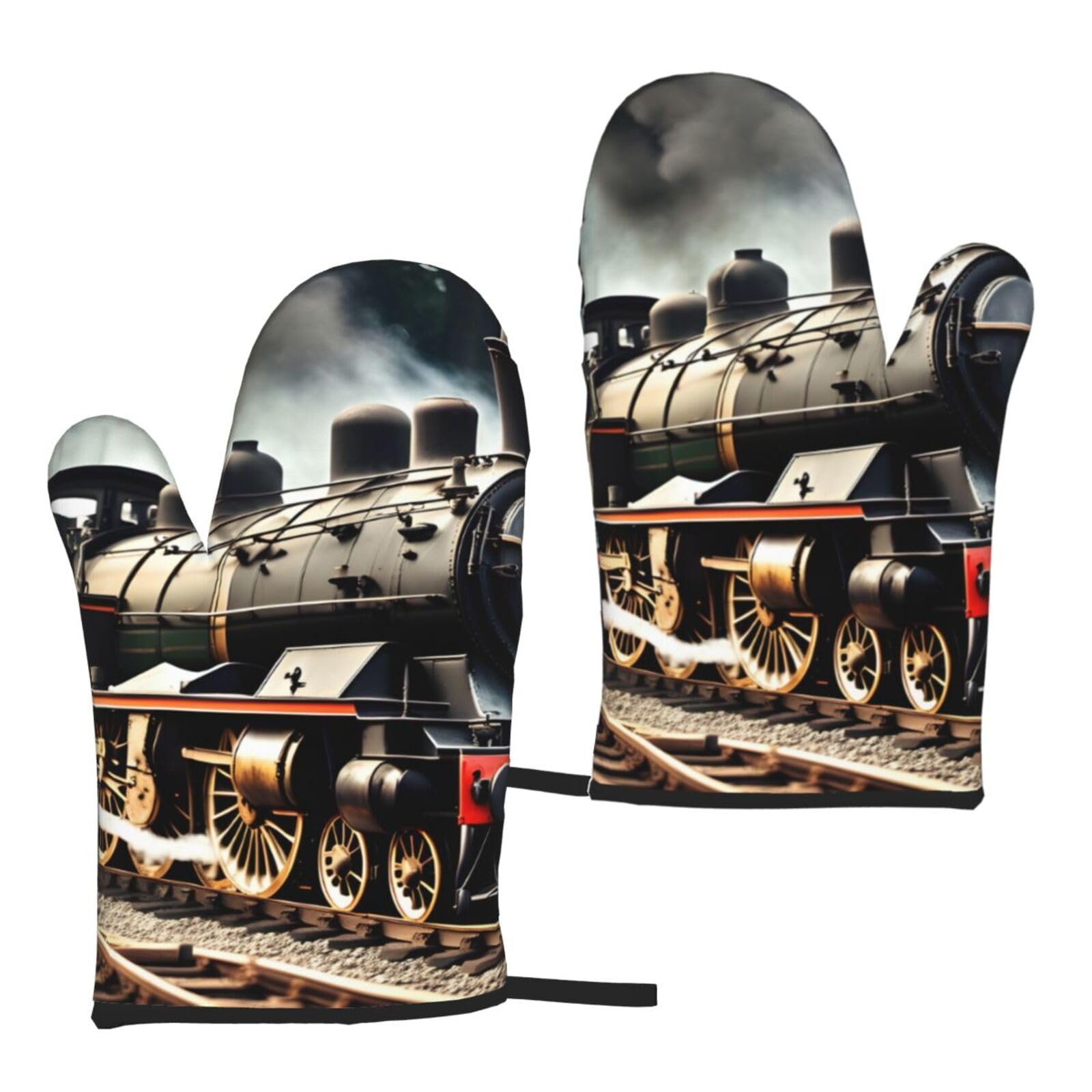 Nimongt Women's Black Steam Locomotive Train Print Adults Universal Fit Heat Resistant Oven Gloves Reusable Cooking Outdoor Grilling