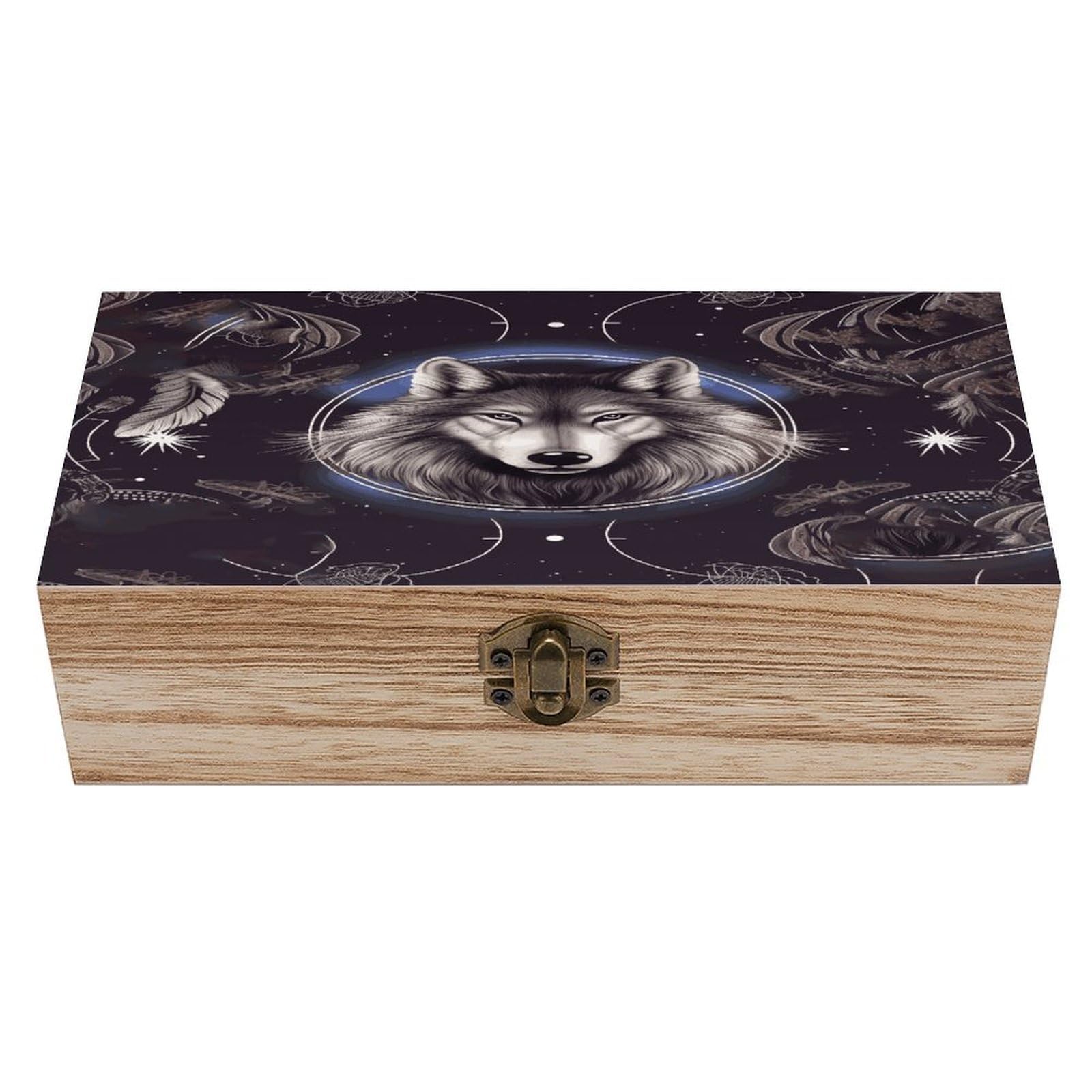 VstaDank Wolves And Dream Catchers Wooden Storage Box Wooden Keepsake Box with A Hinged Lid Fashion Memory Treasure Boxes Decorative Jewelry Case for Crafts Photo Home Decor Wood Gift Box
