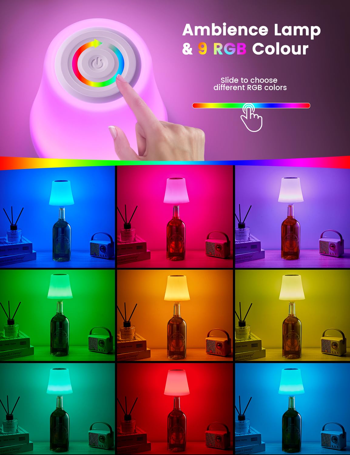 2 Stück LED Flaschenlampe Kabellos, IP54 Aufladbar Akku Flaschenlicht Aufsatz, 3 Farbmodi mit RGB Tischlampe Stufenlose Dimmbare Nachttischlampe für Esszimmer, Wohnzimmer, Schlafzimmer