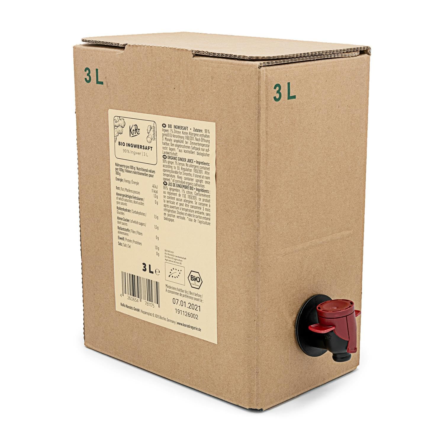 KoRo - Pur Jus de Gingembre Bio et Organique - Bag-in-Box 3 L, Sans Sucre Ajouté, Sans Colorant ni Conservateur, Riche en vitamine C
