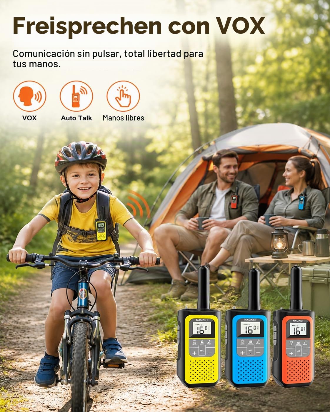 NXGKET Walkie Talkie Niños Recargable, 24 Horas de Tiempo de Trabajo, 5 km de Largo Alcance, 16 Canales, Función VOX, Walkie Talkies para Acampadas y Senderismo al Aire Libre, Paquete de 3
