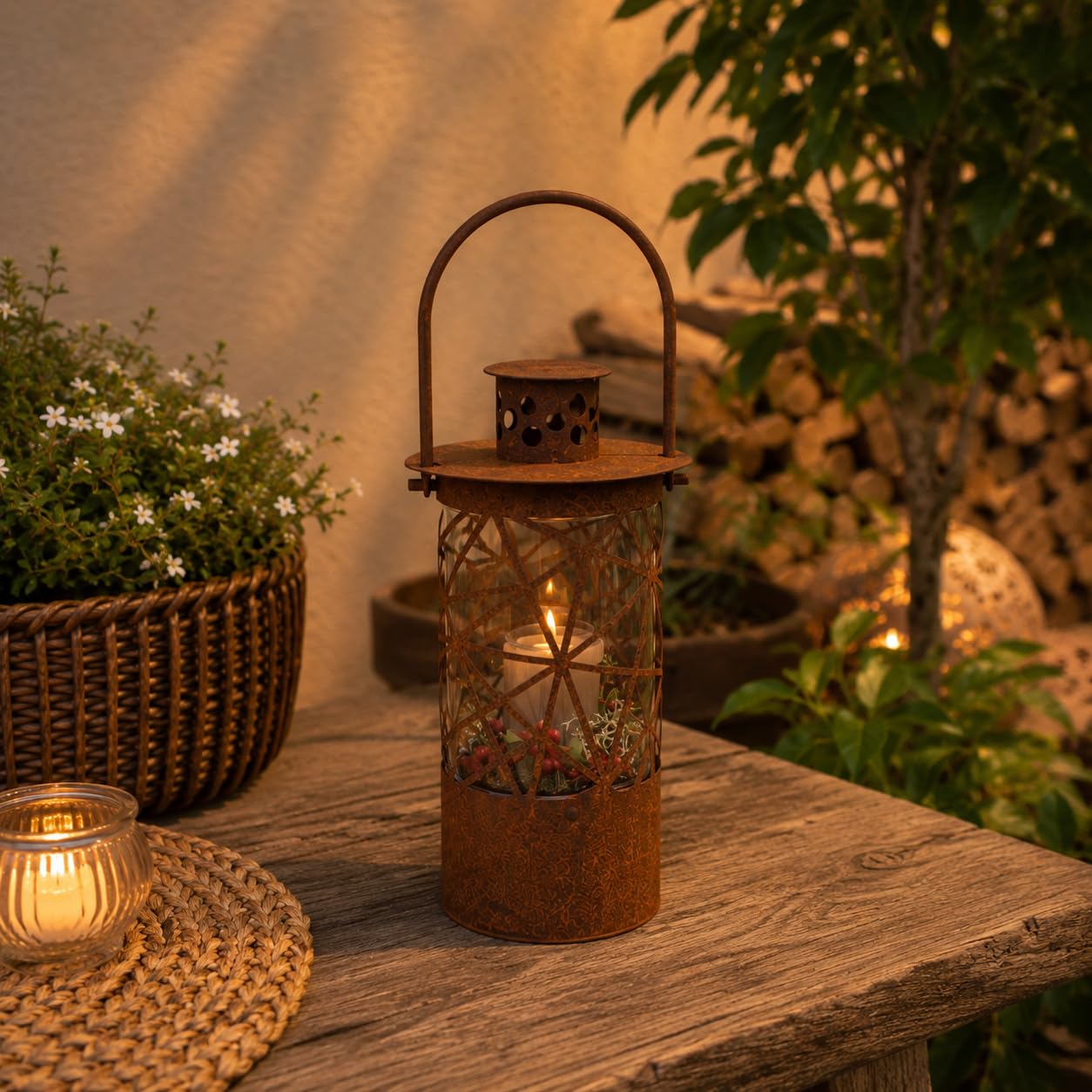 Edelrost Laterne Arte - Gartendeko - Rustikal - mit Glaseinsatz für Kerzen - Vintage Optik (47)