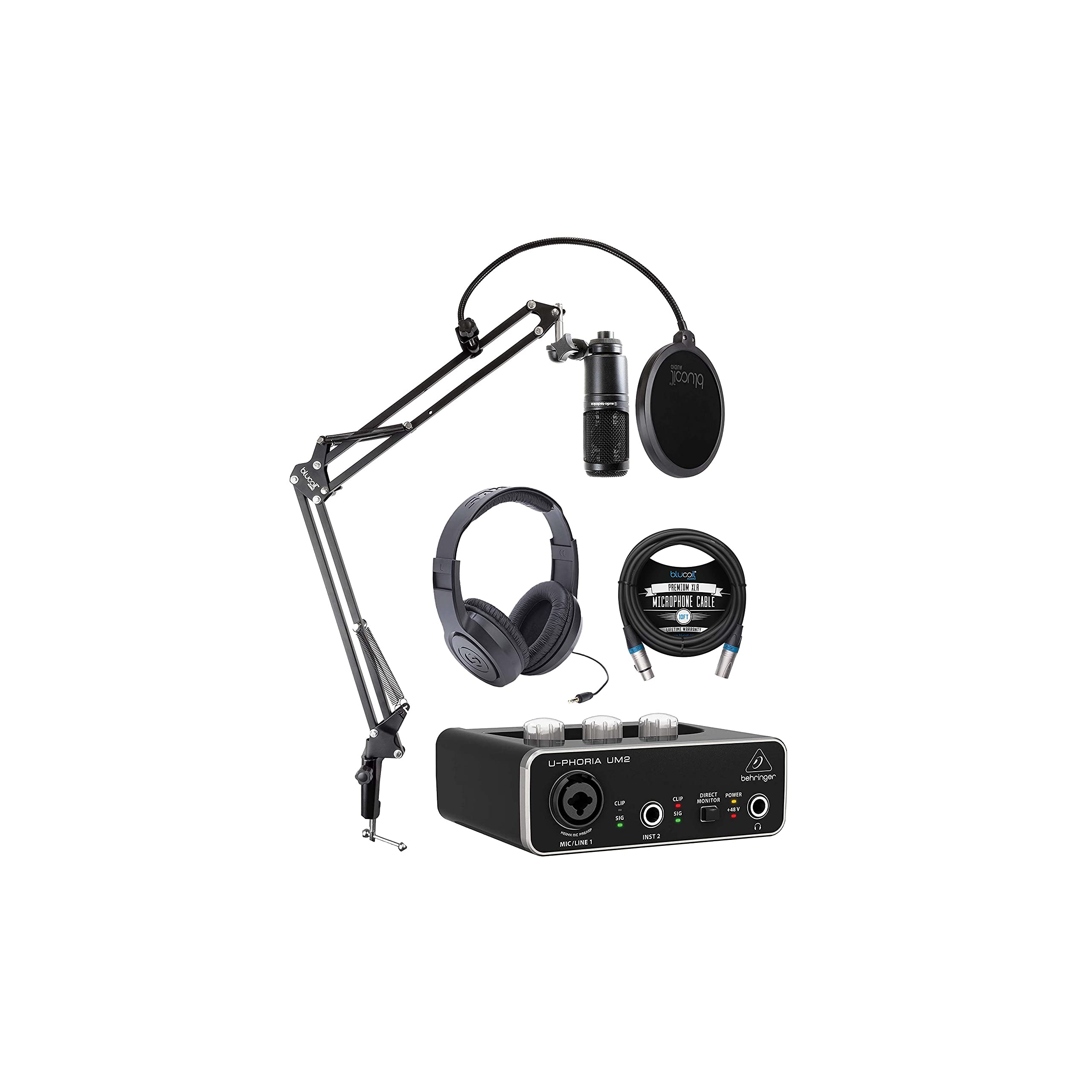 Audio Technica AT2020 Cardioid Condenser Microphone Bundle with Behringer U-PHORIA UM2 USB Audio Int