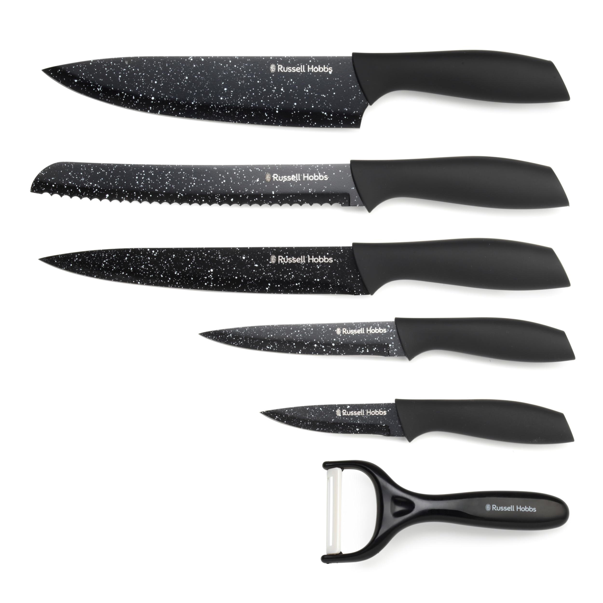 Russell Hobbs 6-Piece Knife & Peeler Set – Chef’s/Bread/Carving/Utility/Paring Knives, Marble-Effect Non-Stick Coated Blades, Soft-Touch Ergonomic Handles, Hand Wash, Black