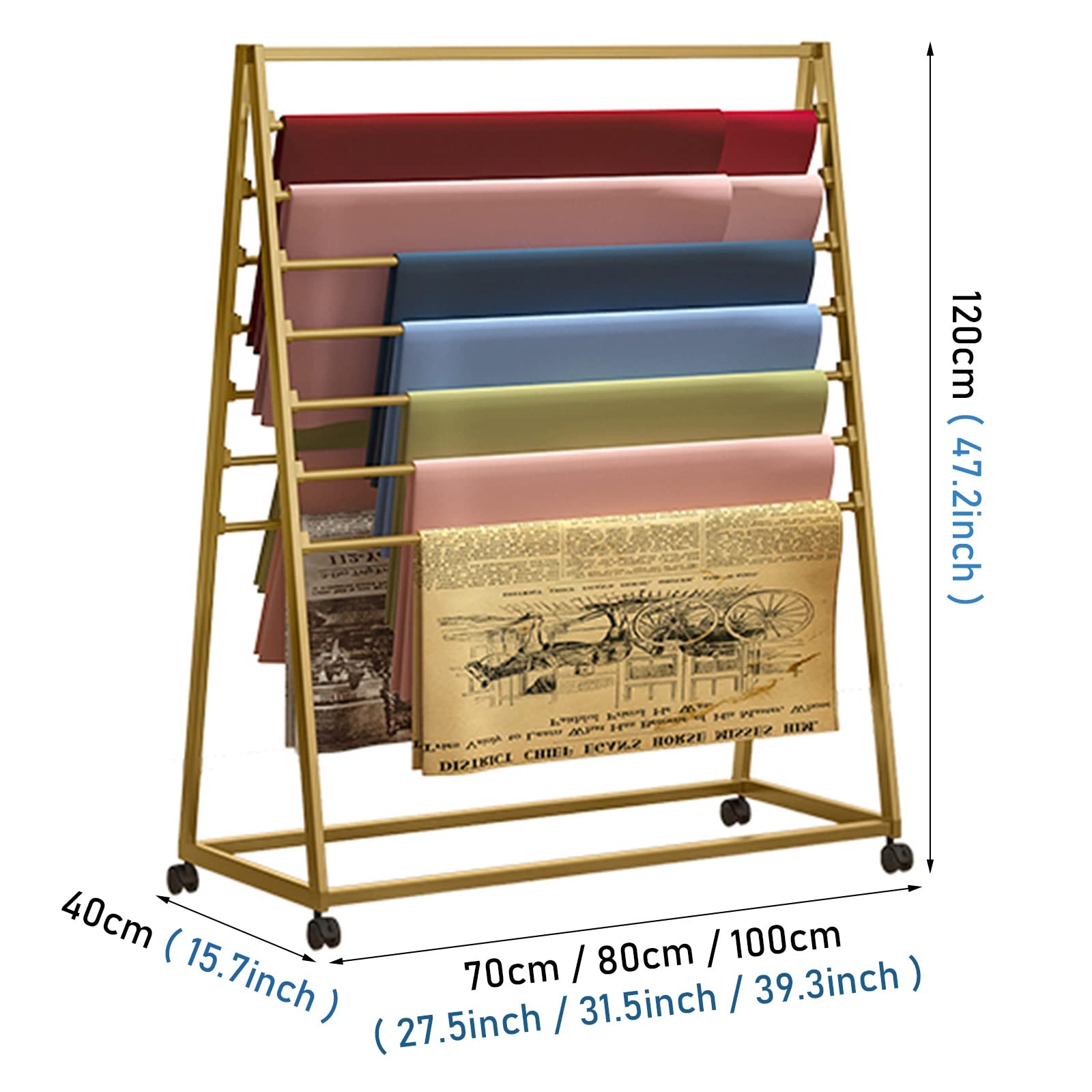 UWYTGF Gold Large Wrapping Papers Organizer Stand Rolling Pants Display Cart with Lockable Wheels,Craft Room Ribbons Rack Store Shawls Holder,120Cm/47.2