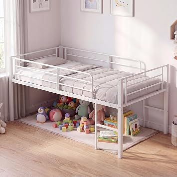 KOMFOTT Twin Size Low Loft Bed, Heavy Duty Metal Bed Frame with Safety Guardrails & 2 Ladders, Space Saving Loft Bed with Under-Bed Space for Kids Boys Girls Junior, No Box Spring Needed (White)