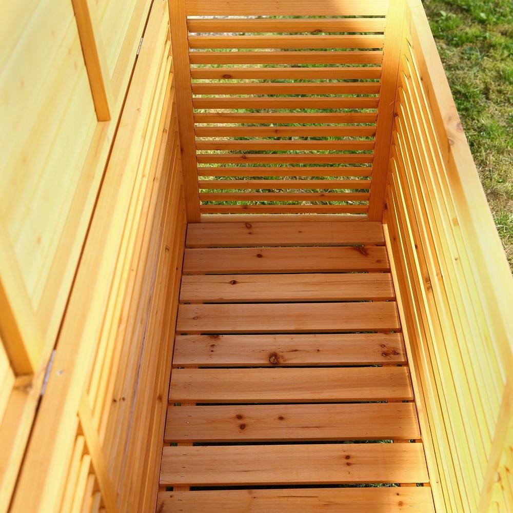 Melko Auflagenbox Kissenbox Gartenbox Gartentruhe 170x50x58 cm Holz Braun | regenfester Schutzanstrich, klappbarer Deckel, luftdurchlässige Lamellen, rostfreie Scharniere, Stauraum für Polster