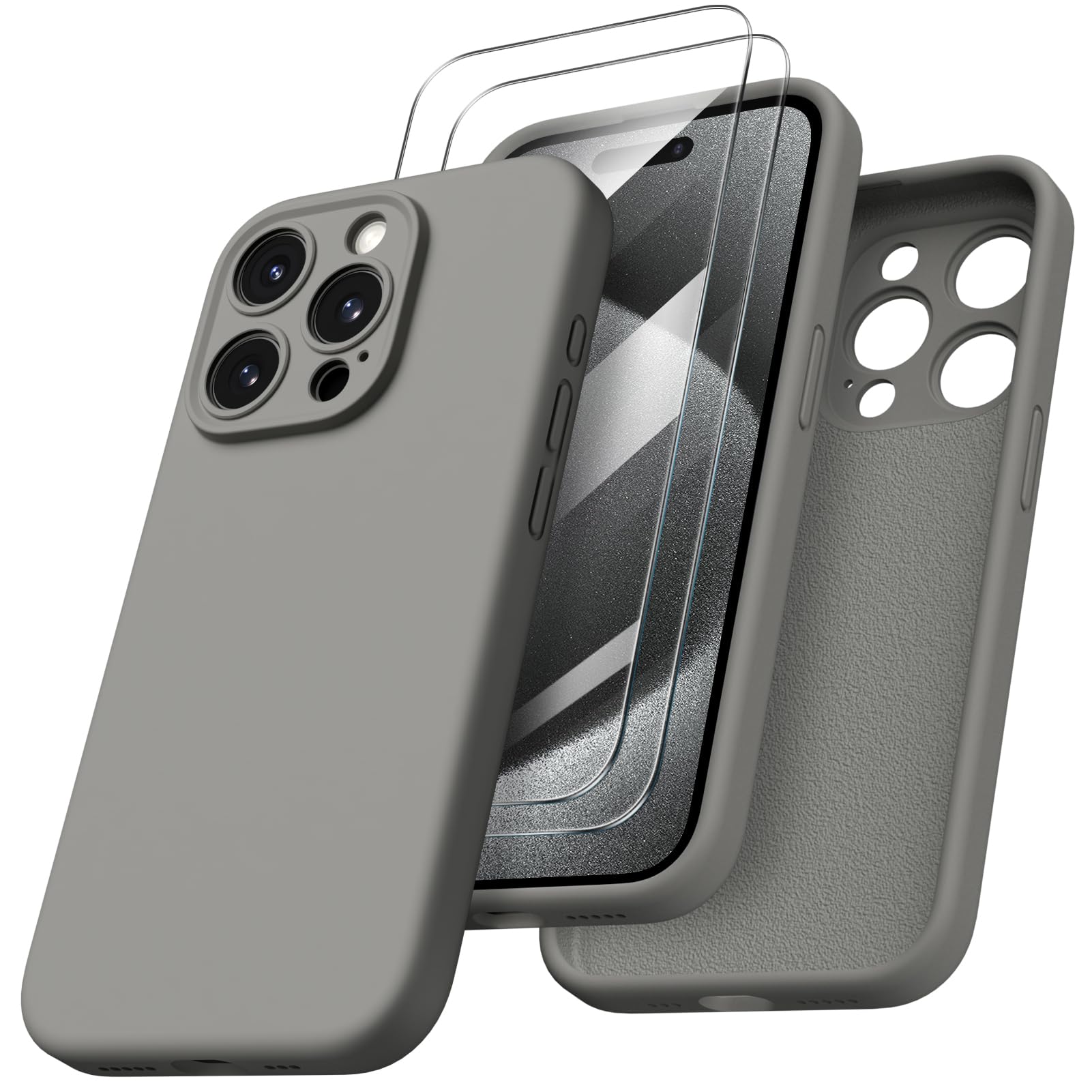 ORNARTO Compatible with iPhone 15 Pro Case 6.1 inch, with 2 Screen Protector Liquid Silicone Gel Rubber Cover [Full Body] Shockproof Protective iPhone Case for iPhone 15 Pro-Grey