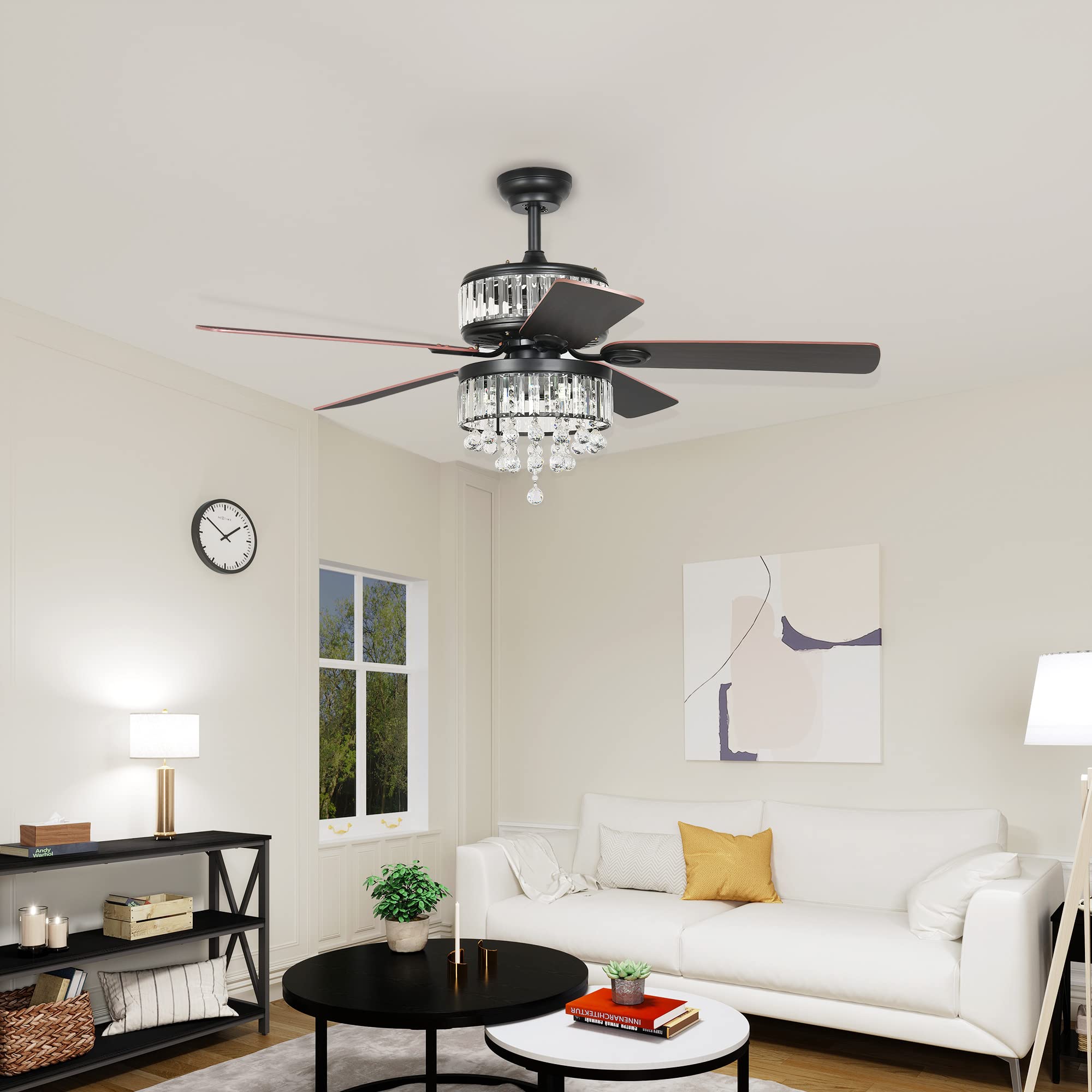 YITAHOME Chandelier Ceiling Fan with Remote, 52 Inch Fandelier Fan Light, Indoor Fan Ceiling with 3 Speed, Silent Reversible Motor, Dual-sided 5 Blades, Timer, Balance Kit - Black