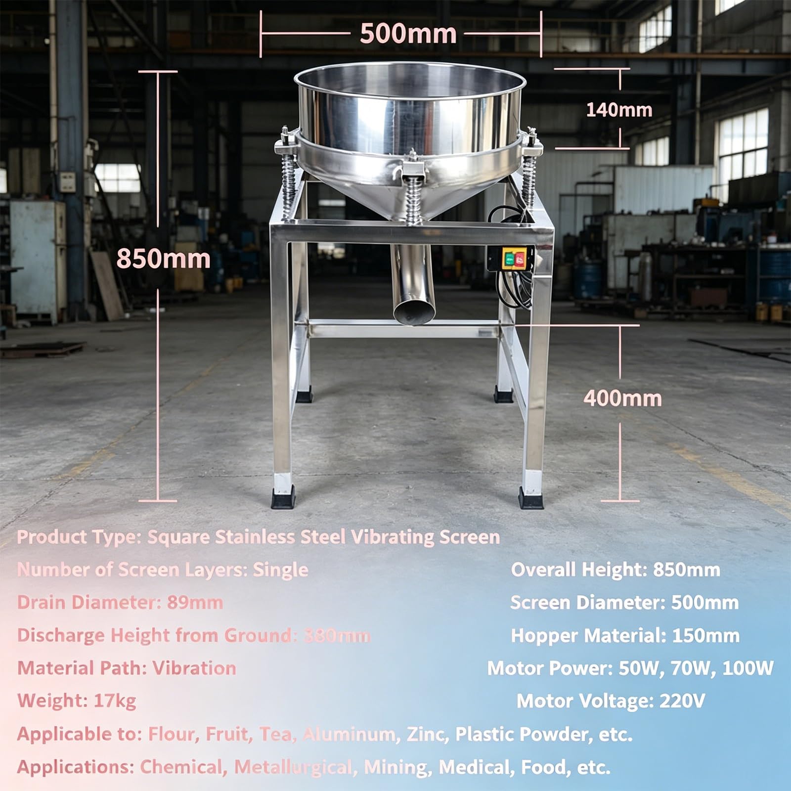 Setaccio for Farina Elettrico Commerciale, Setaccio Vibrante da 500 Mm con Setacci da 40/100 Maglie, Strumento for Setacciare la Polvere In Acciaio Inossidabile(50W)