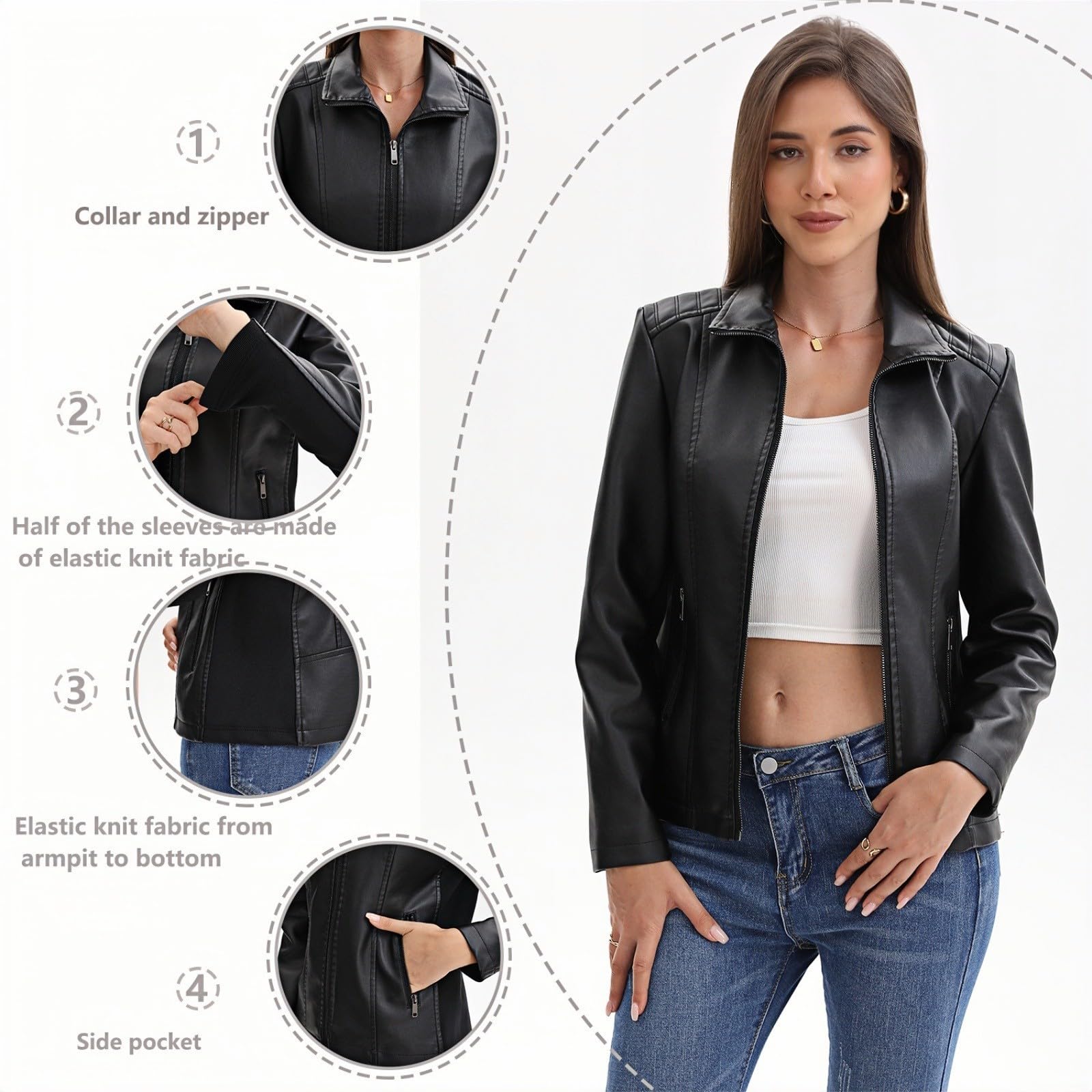 Generico Giubbino Pelle Donna Giacca in Bomber Eleganti Giacchetto Leggero Primaverile Giacchino Ecopelle Jacket Curvy Moto di Giubbotto Elegante Corto Biker Similpelle