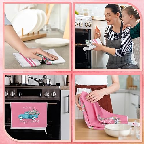 Miniatura 4 de Sratte 6 toallas de cocina de primavera absorbentes rosas toallas de mano con tulipanes de flores de 24 x 16 pulgadas, paños de cocina florales para