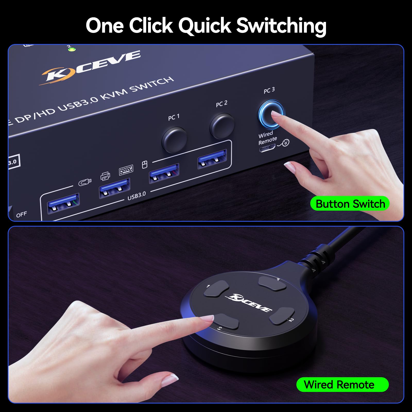KVM Switch 3 Monitores 3 PC 8K@60Hz,4K@144Hz,HDMI Displayport Triple Monitor KVM Switch,3 Monitor Conmutador KVM con 4 Puertos USB 3.0 para Teclado y Ratón, Control Remoto y Adaptador DC/12V Incluidos