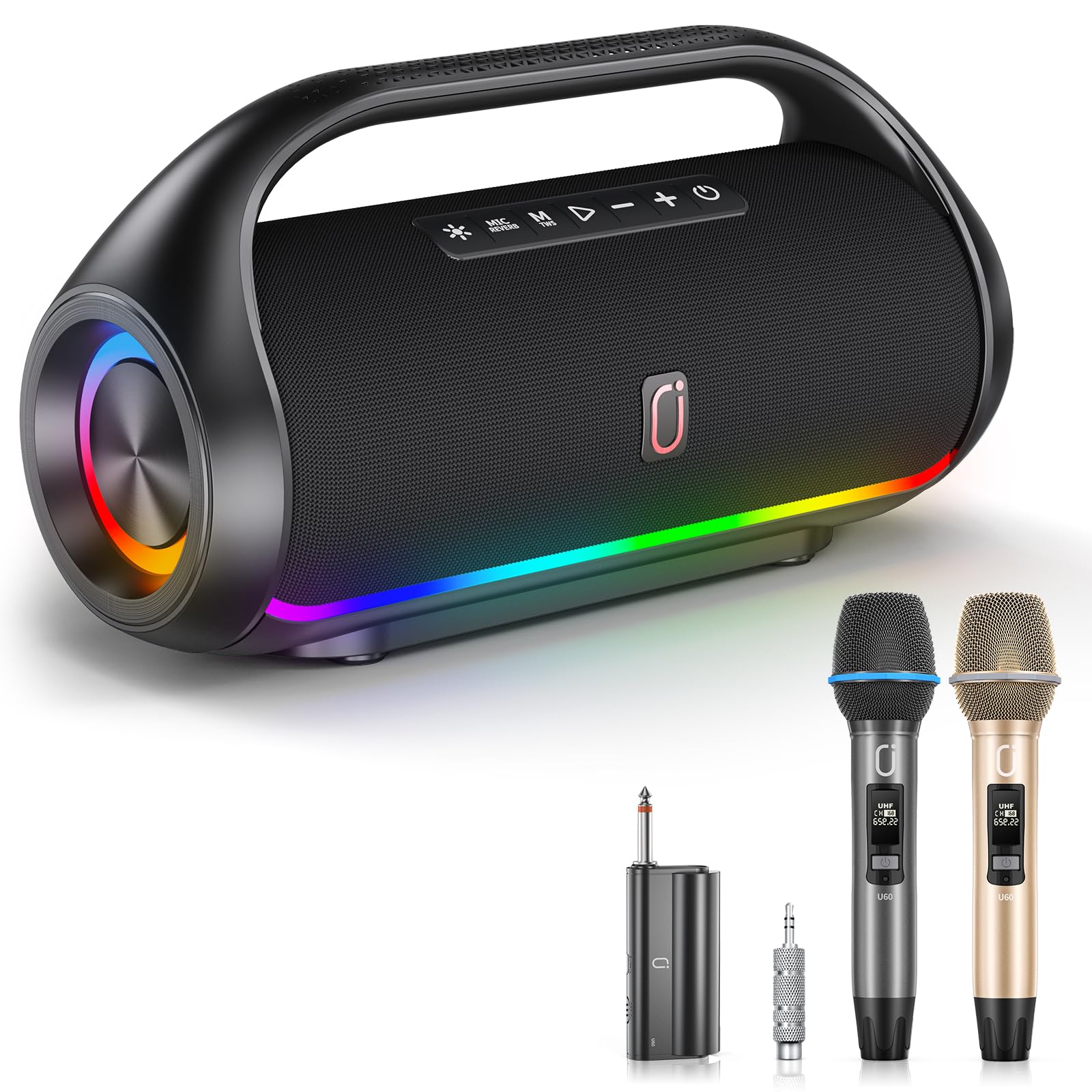 Portable Bluetooth Speaker with 2 Wireless Microphones: IPX5 Waterproof Speaker with Deep Bass & Disco Light for Parties Singing Karaoke