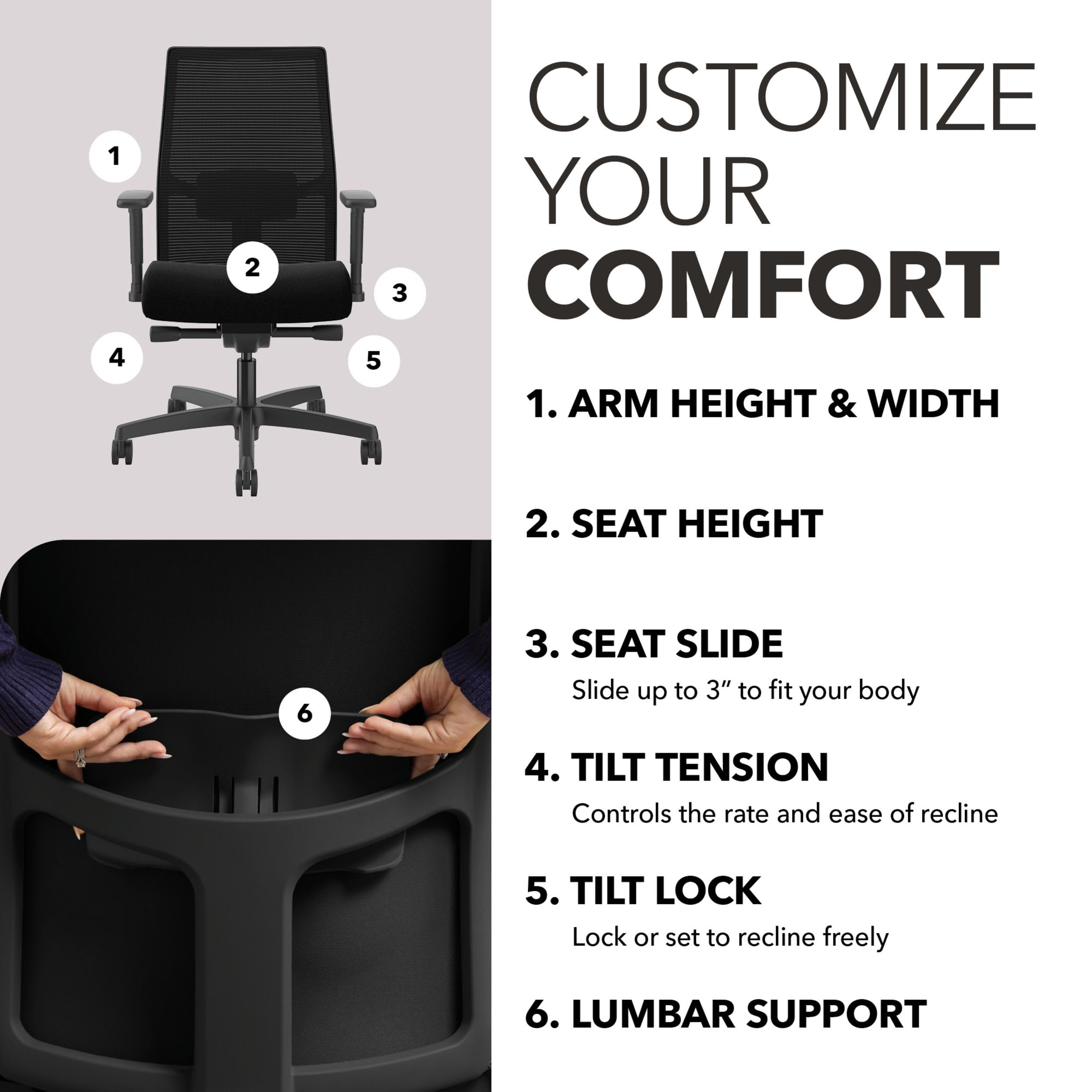 HON Ignition 2.0 Mid Back Task Chair, Advanced Synchro-Tilt Control, Office Chair with Lumbar Support, Height and Width Adjustable Arms, Black Frame, Black - 3