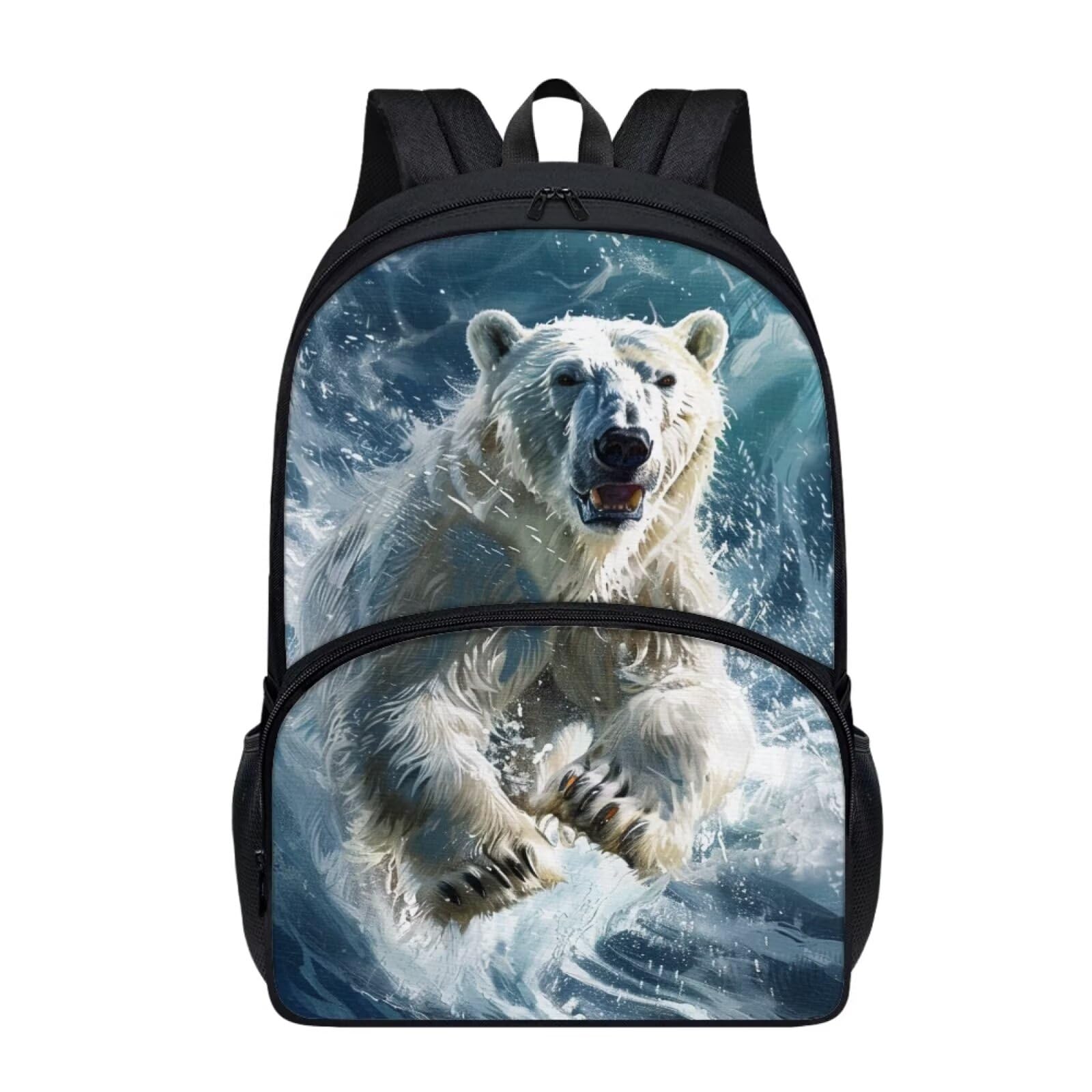 Allcute Girls Boys Majestic Polar Bear Backpack with Front Pocket Padded Back Comfy School Bag for Kids Animal Print Backpacks for Girls Boys Black
