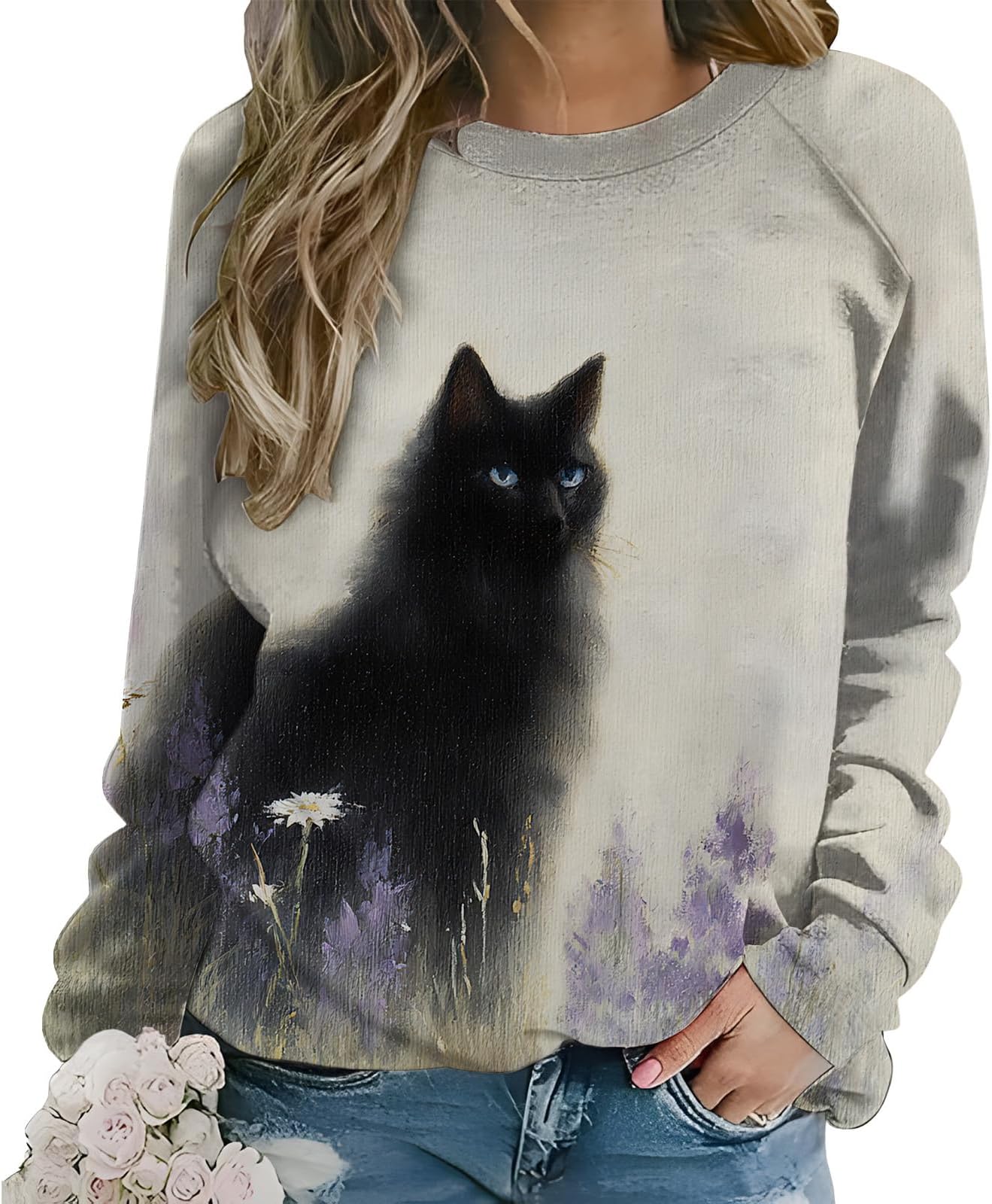 - Women's Artistic Cat Print Long Sleeve Sweatshirt Crewneck Pullover Soft Botanical Design Top For Cat Lovers