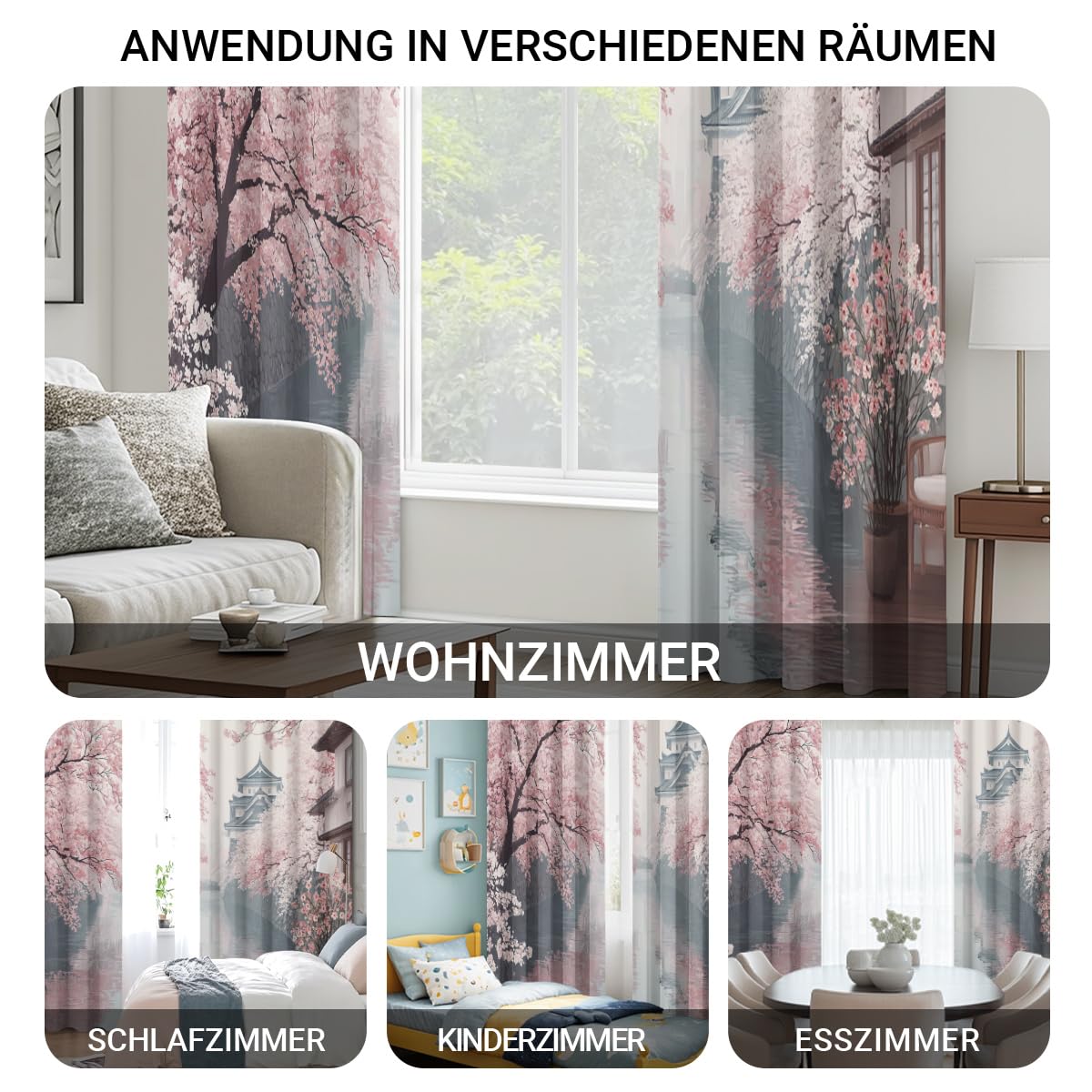 Générique Rideau Paysage Japonais Rideaux Chambre Salon Fleurs de Cerisier Oriental Rideau Occultant Thermique Isolant Anti-Chaleur Phonique Lot de 2 Rideaux à Oeillets 140x225 cm MDLQ167ll