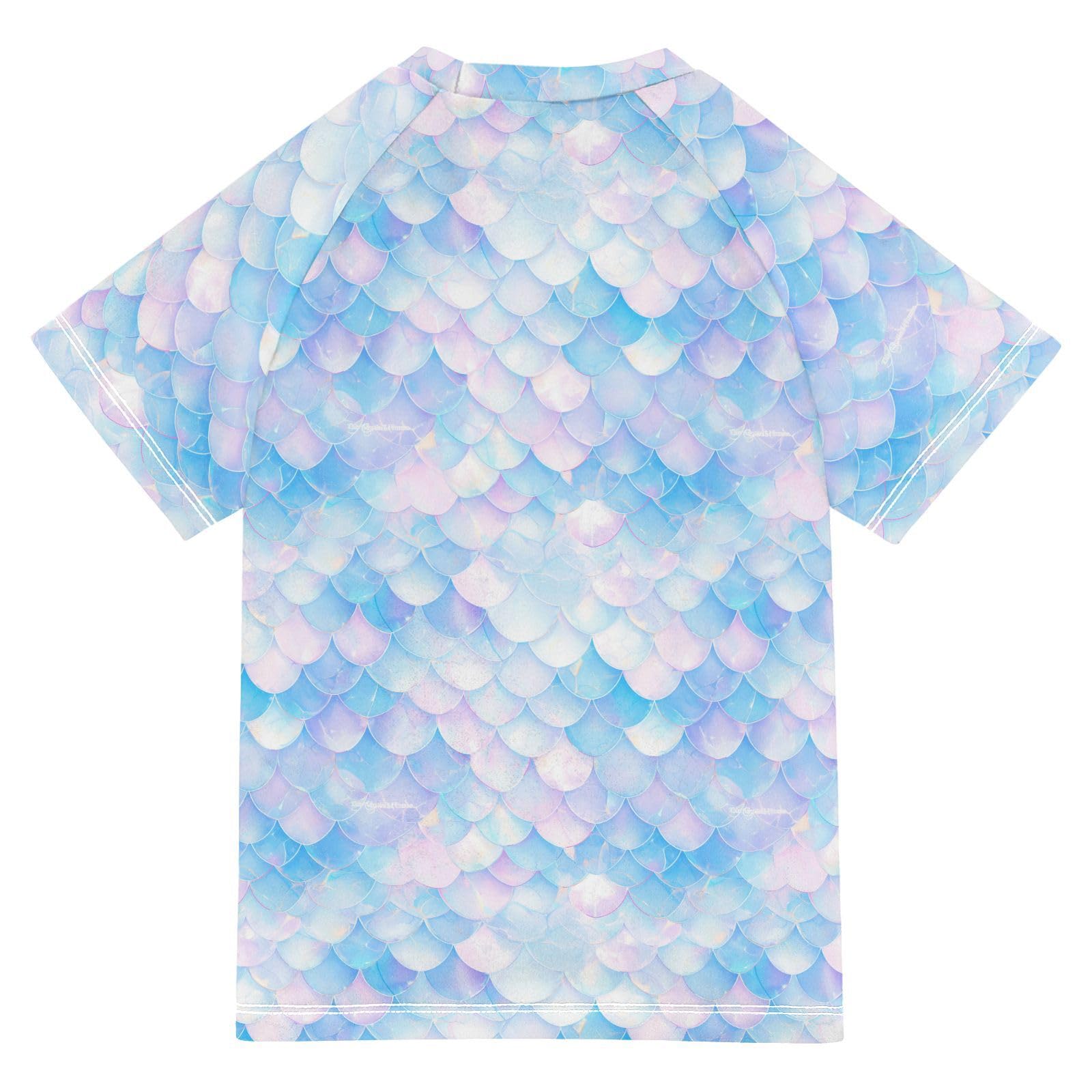 KLL Girls Bathing Suit Short Sleeve Teen Rash Guard Swimsuit 7T White Scales Glittering