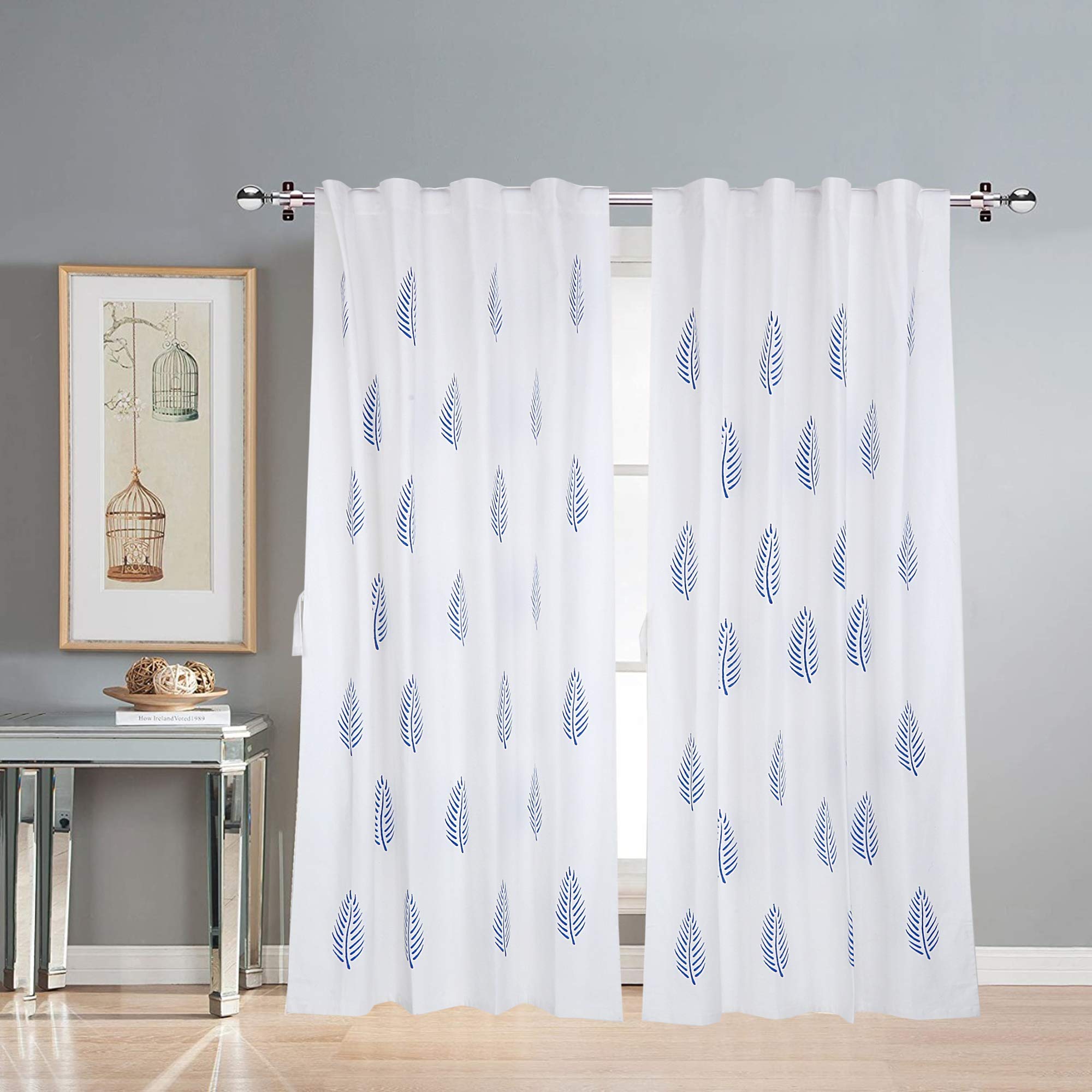 LINENWALAS Cotton Curtains Set of 2, Canvas Window Curtains for Home Decor, Hangs Elegantly with Back Loops (4.5ft x 6.5 ft, Blue Leaf)