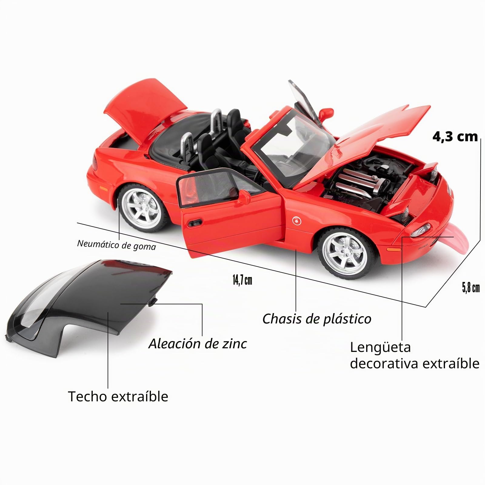 imtfzct Mazda Miata MX-5 1/32 - Coche de juguete con sonido y luz, adecuado para niños de 4 a 7 años, coche de juguete coleccionable (rojo)