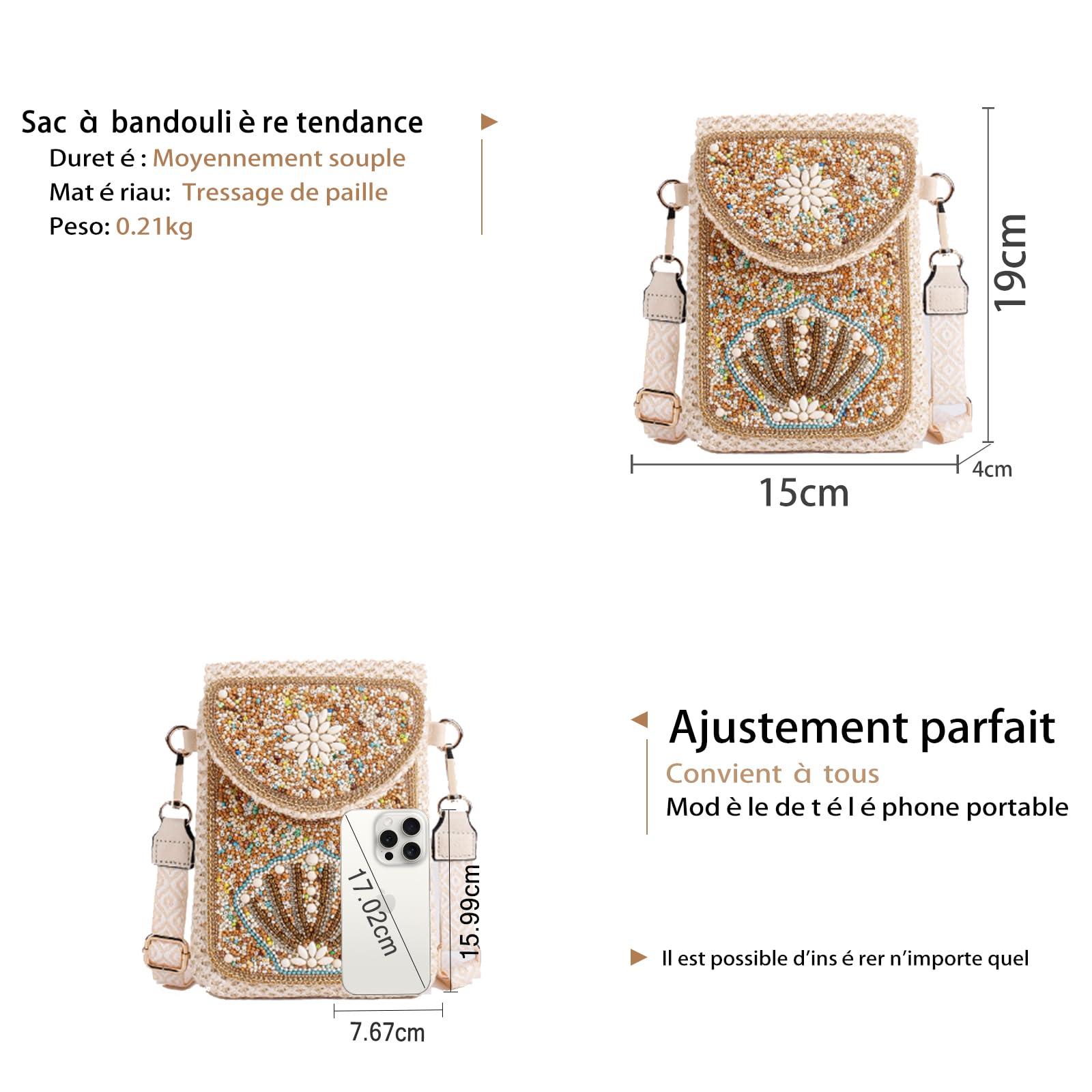 CORIOS Sac Tissé en Paille Femme Sac Fourre-Tout Tressés à la Main Sacs Portés Épaule Bohème Sac de Plage D'été Petite Sac à Bandoulière Cabas Rétro Sac à Main Sac pour Téléphone Portable