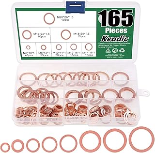 Keadic 165Pcs 8 Sizes Flat Washer Assortment Kit Copper Metric Sealing Washers - M6 M8 M10 M12 M14 M16 M18 M20