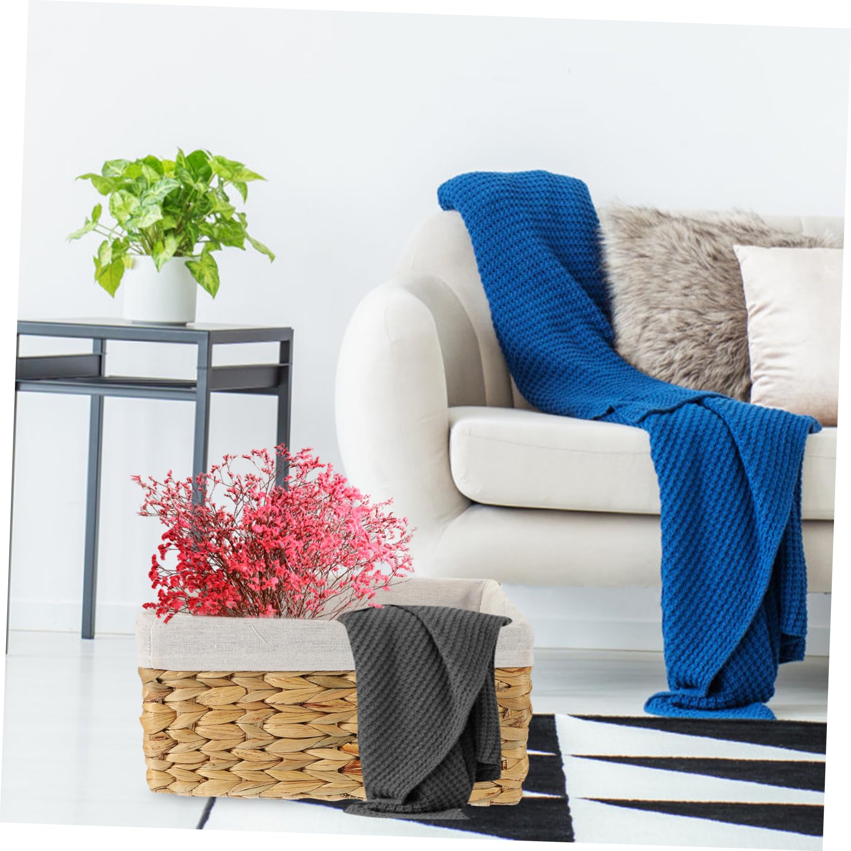 Cesta de Almacenamiento de Fibra Natural con Forro de Lino, Rectangular