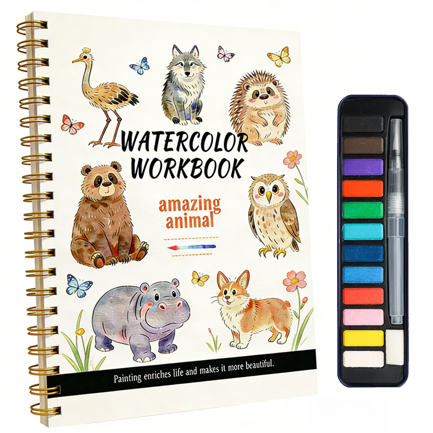 Watercolor Workbook Creative Water Color Paint Book Set with Paints & Brush,14 Animal Patterns of Original DIY Designs,Beginner-Friendly Water Colour Workbooks,Water Colouring Book for Adults