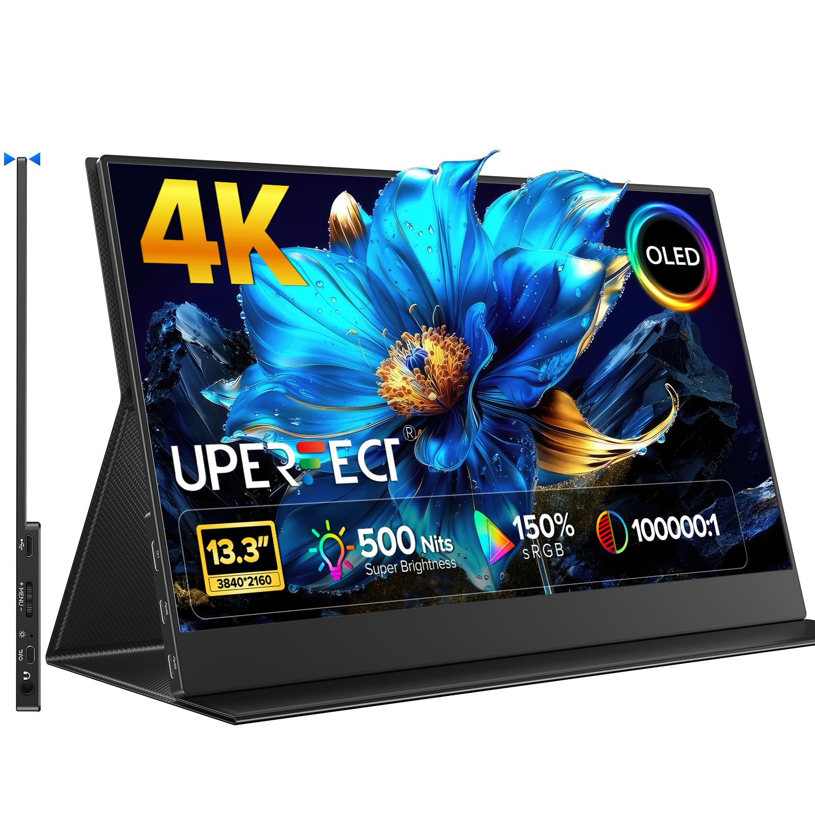 UPERFECT OLED Monitor Portatile 13.3" 4K 3840x2160 UHD 150% sRGB | 500Nits | 1ms Risposta | Design Ultrapiatto in Alluminio, Monitor da Viaggio per PC, Laptop, Smartphone e Console di Gioco