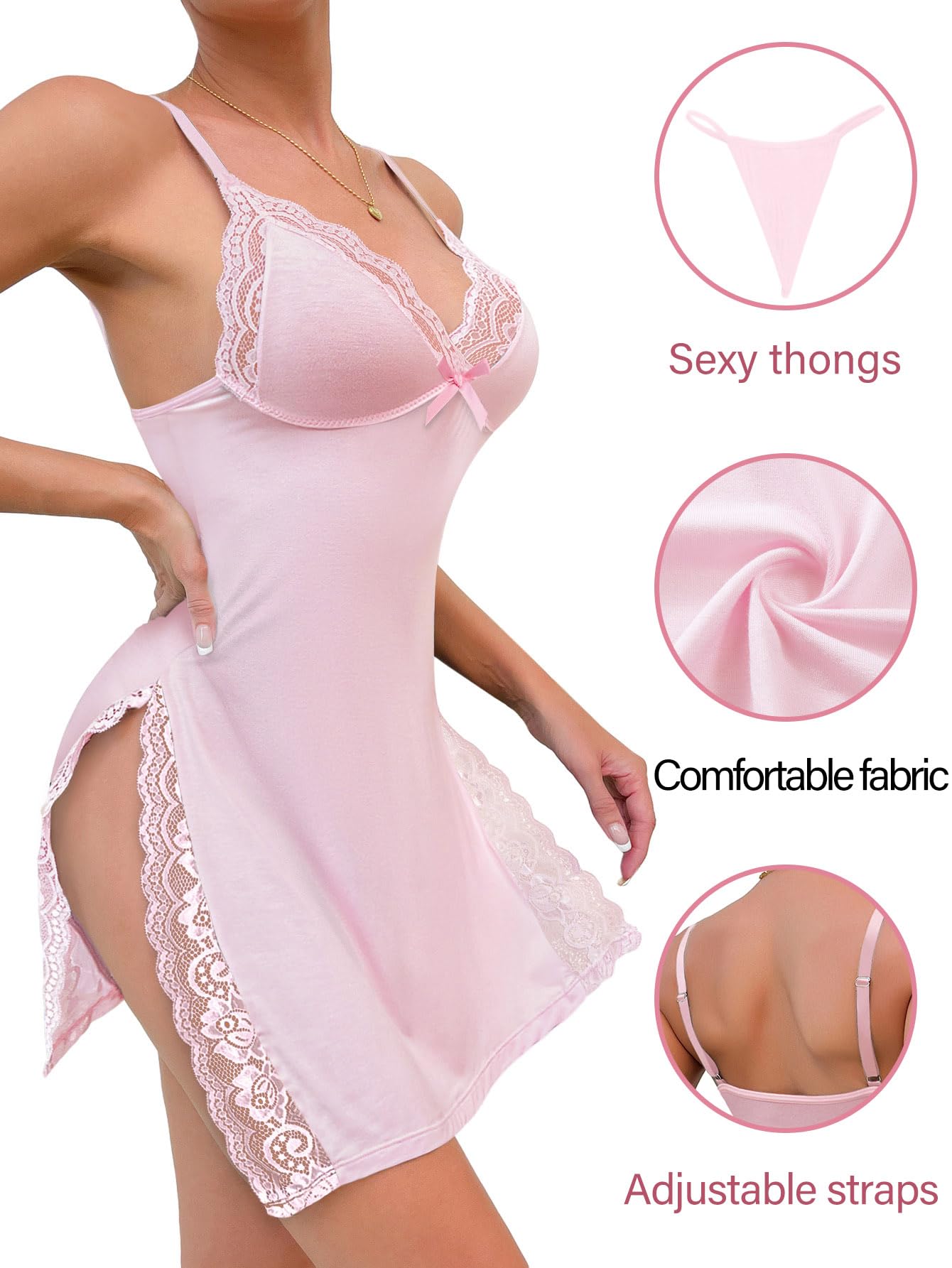 Foxiny Sexy Split Side Floral Lace Trim Full Slip Night Gown Babydoll Lingerie Dress with Thong 2 piece: 3X-Small Pink