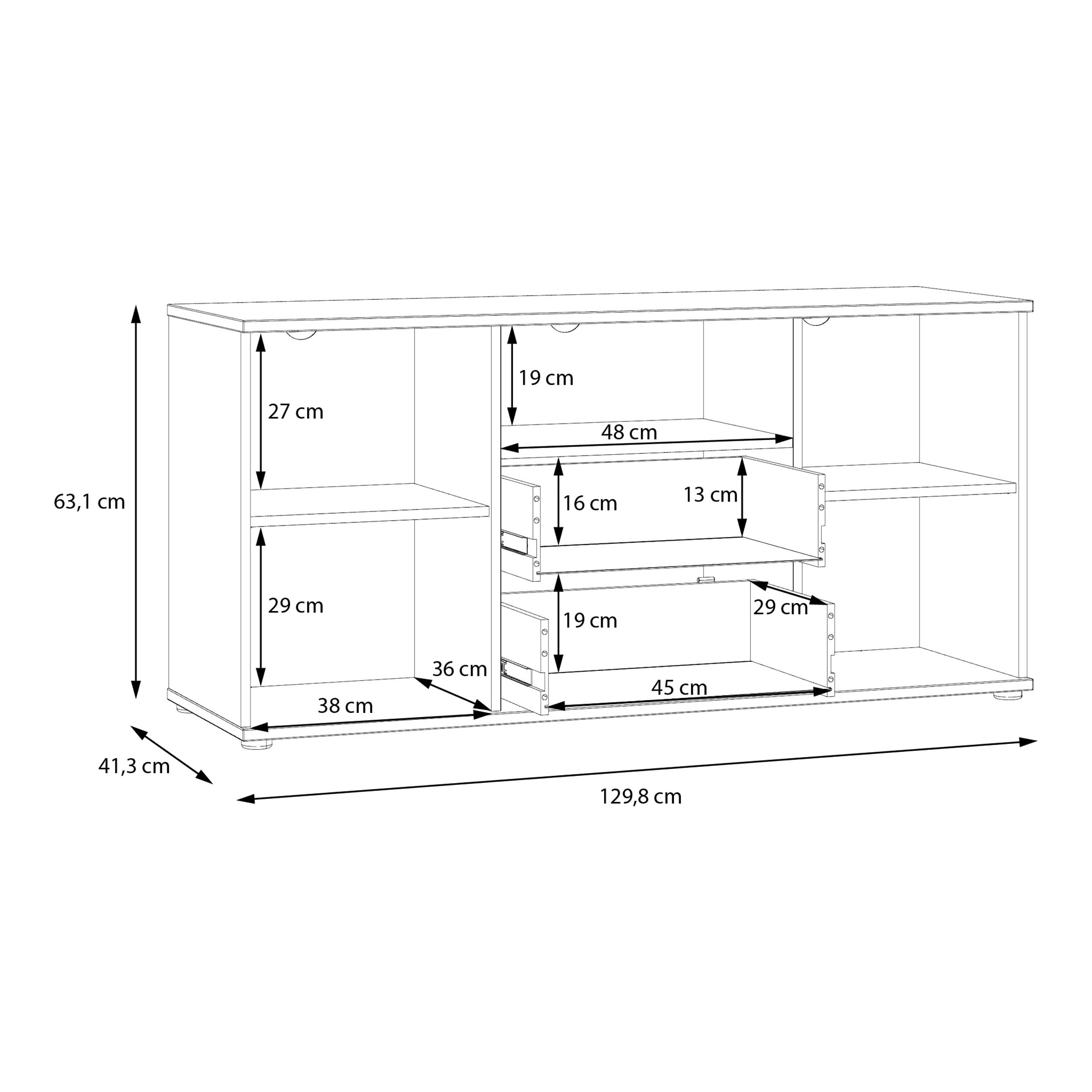 Forte Ganymede TV-Schrank 130, minimalistisches Lowboard, 2-türig, 2 Schubladen, offenes Fach, Holzwerkstoff, Wohnzimmer, Salbei, 129,8 cm breit x 63,1 cm hoch x 41,3 cm tief