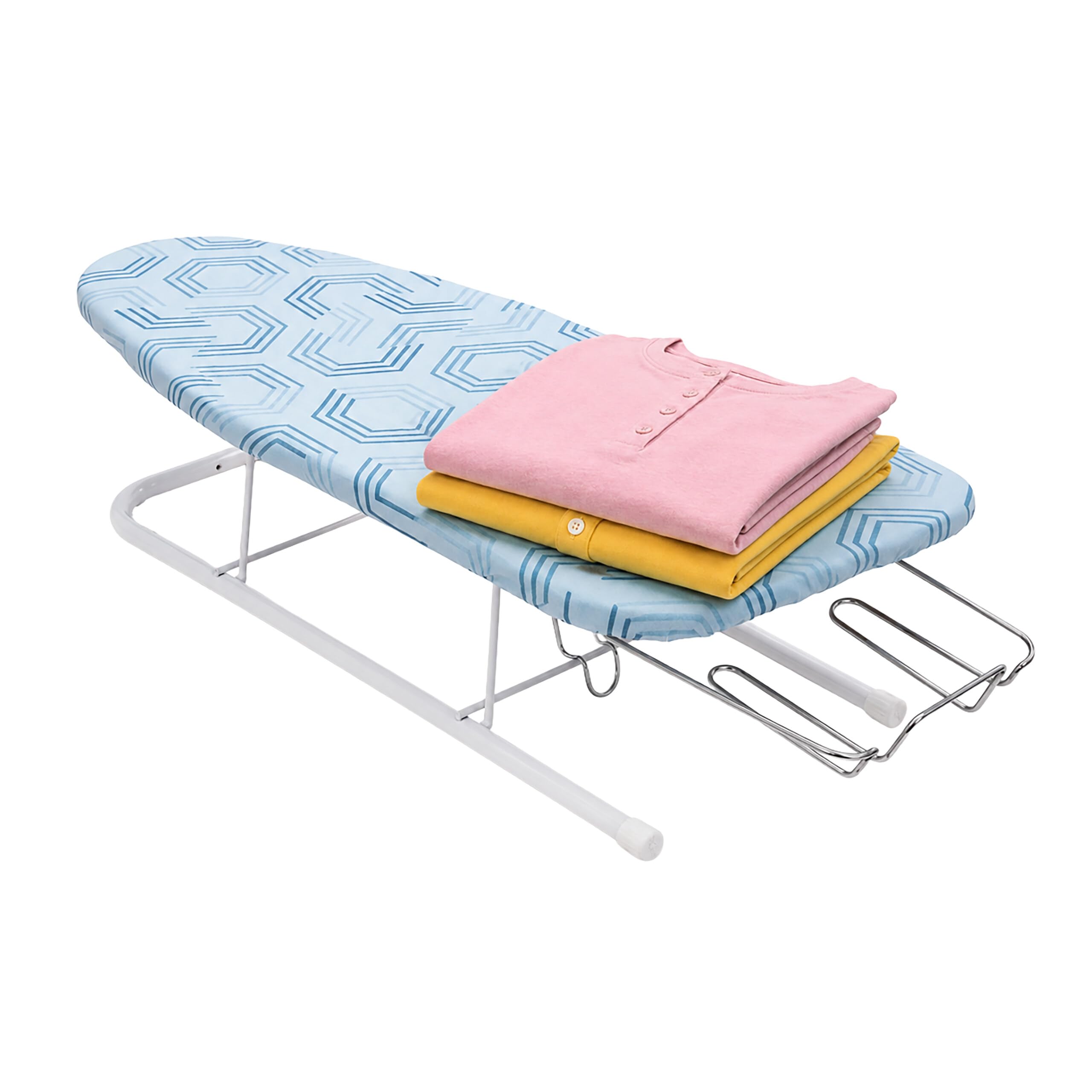 Relaxdays asse da stiro da tavolo, 76 x 30,5 cm, blu/bianco | Supporto ferro estraibile, pieghevole, compatto