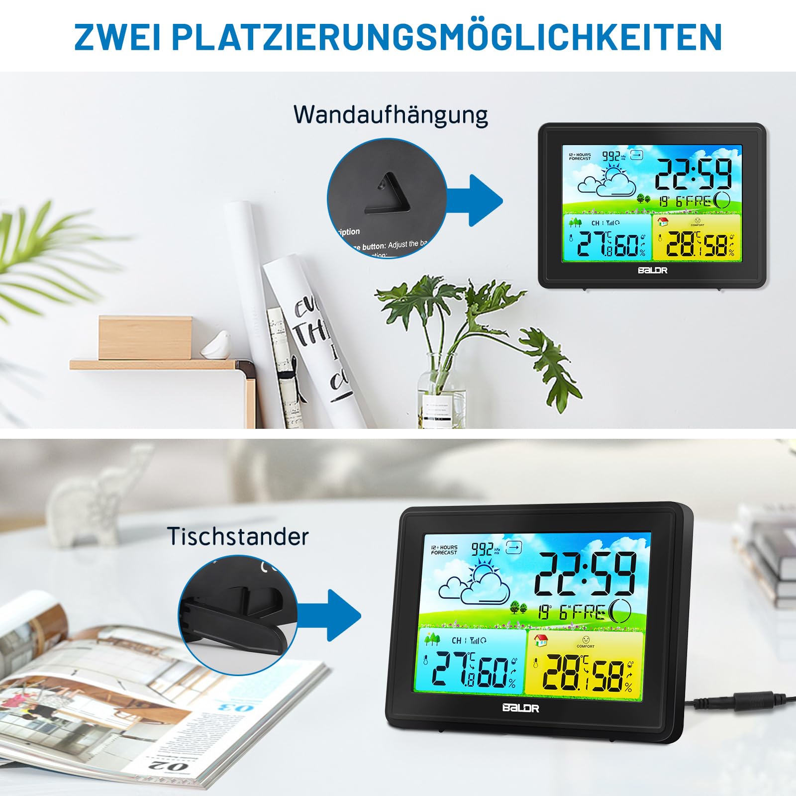 Wetterstation Funk mit Außensensor, Innen und Außen Temperatur/Luftfeuchte, Funkwetterstation mit Wettervorhersage, Barometer und Mondphase, Digital Farbdisplay DCF Funkuhr, zum Stellen/Hängen,Schwarz