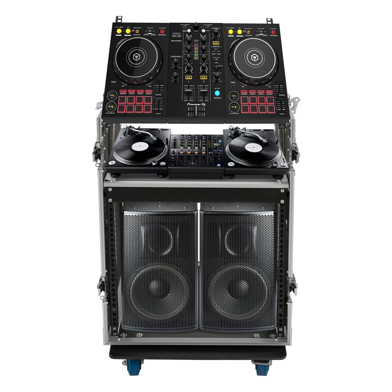 DYNAMI 10U PA DJ Rack with Wheels,2 Tier Pro DJ Mixer Stand Audio Rack Heavy Duty Road ATA Case, for Music Studio Booth Pro Audio Recording Cabinet Stage Equipment (10U PA DJ Rack)