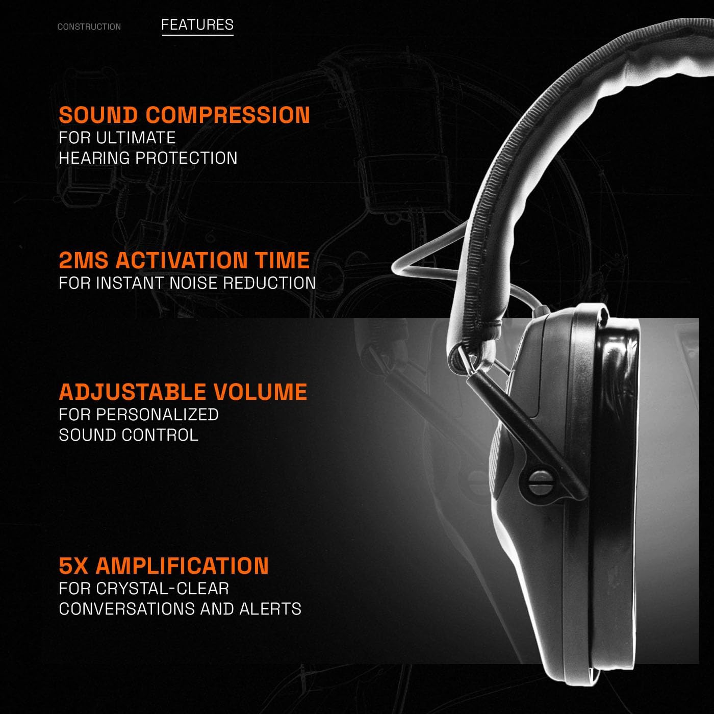 GRITR Electronic Hearing Protection w/EVA Case - Ear Muffs for Noise Reduction w/ 5X Sound Amplification
