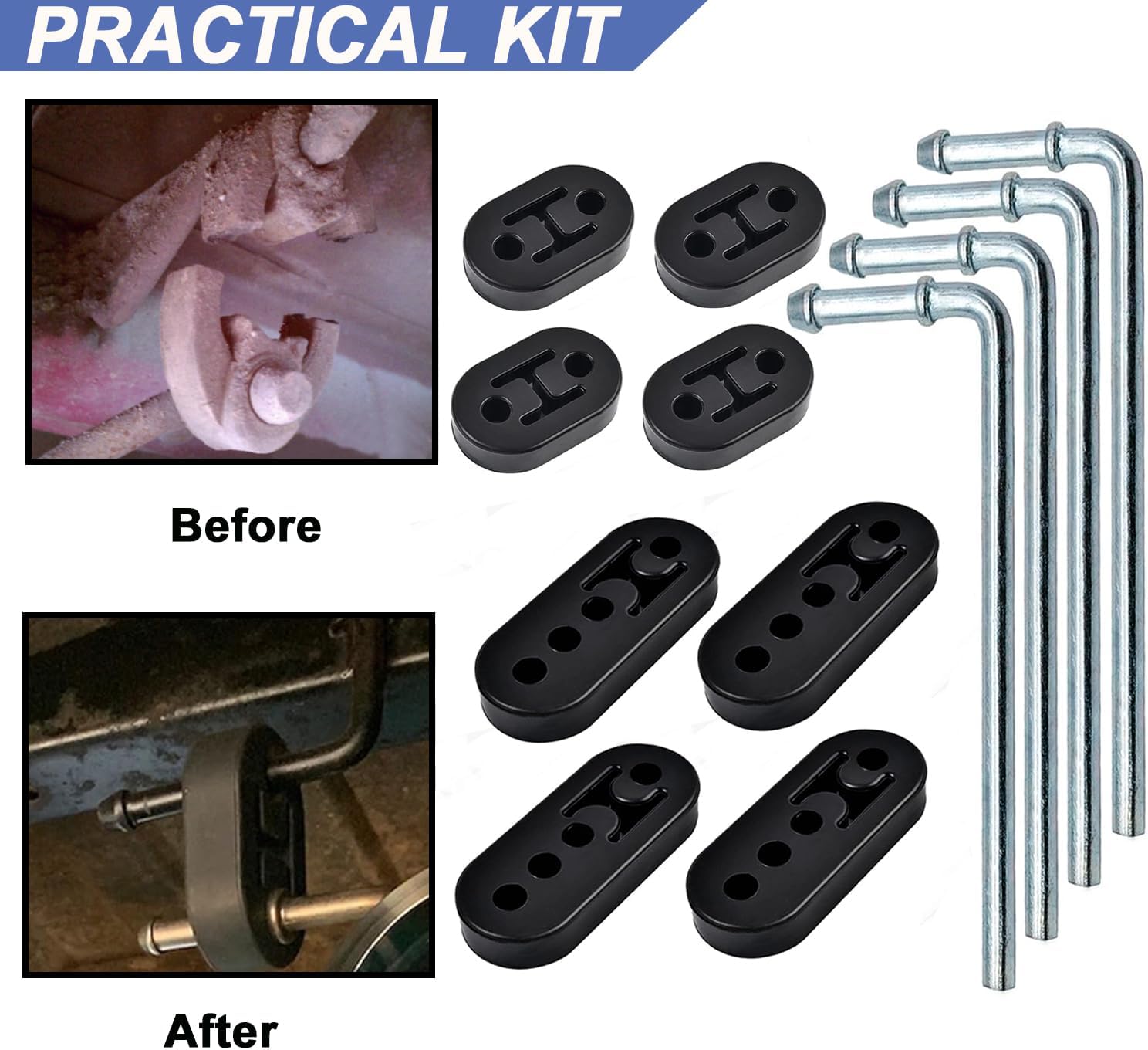 Exhaust Hanger Rod And Rubber Hanger Set, 10" Long 3/8"Rod 90° Muffler Hanger + 2 Hole 4 Hole Rubber EPDM Bushing Muffler Insulator Mount Bracket for Automotive (12Pcs)