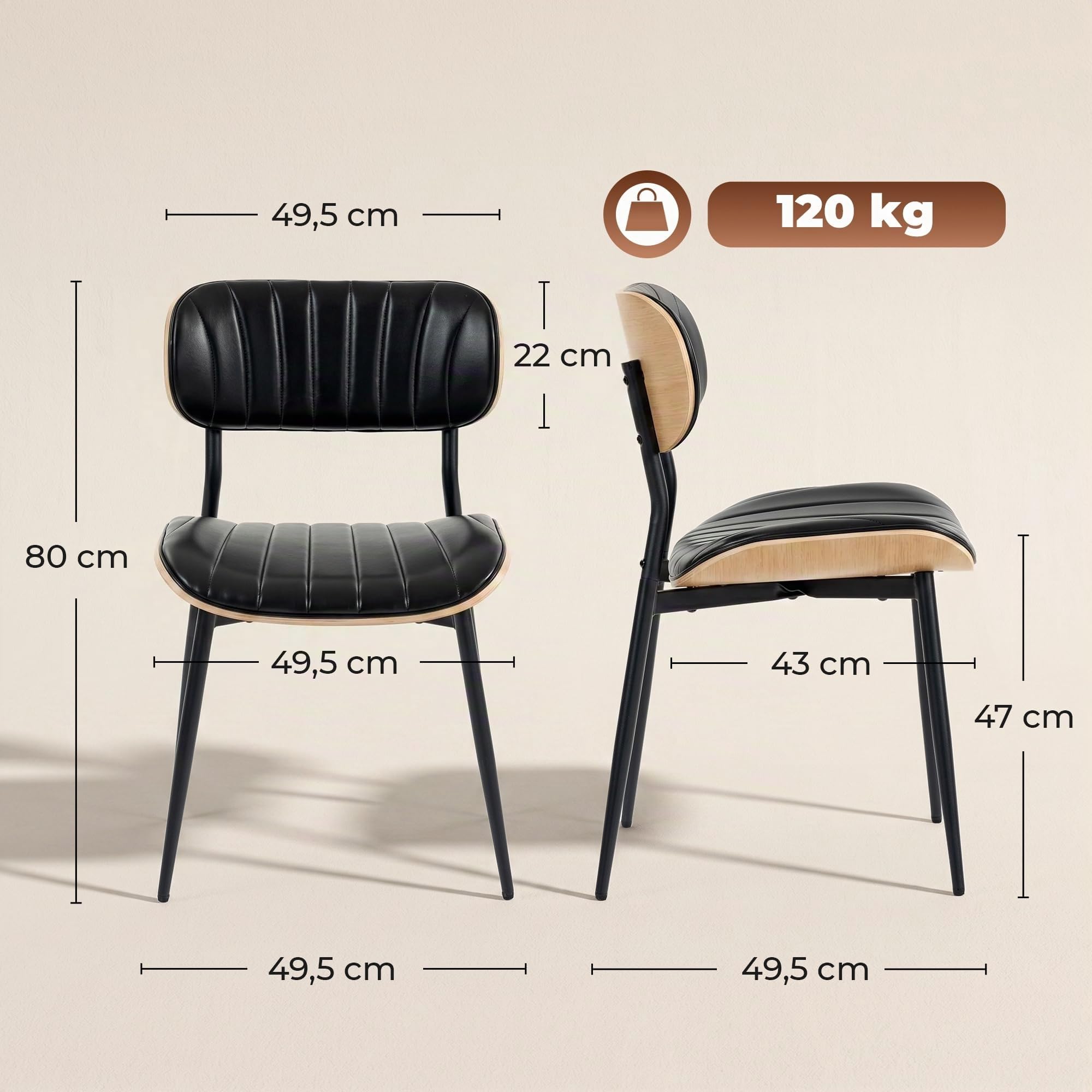 HOMCOM Lot de 2 Chaises de Salle à Manger Assise en PU Noir et Bois Naturel