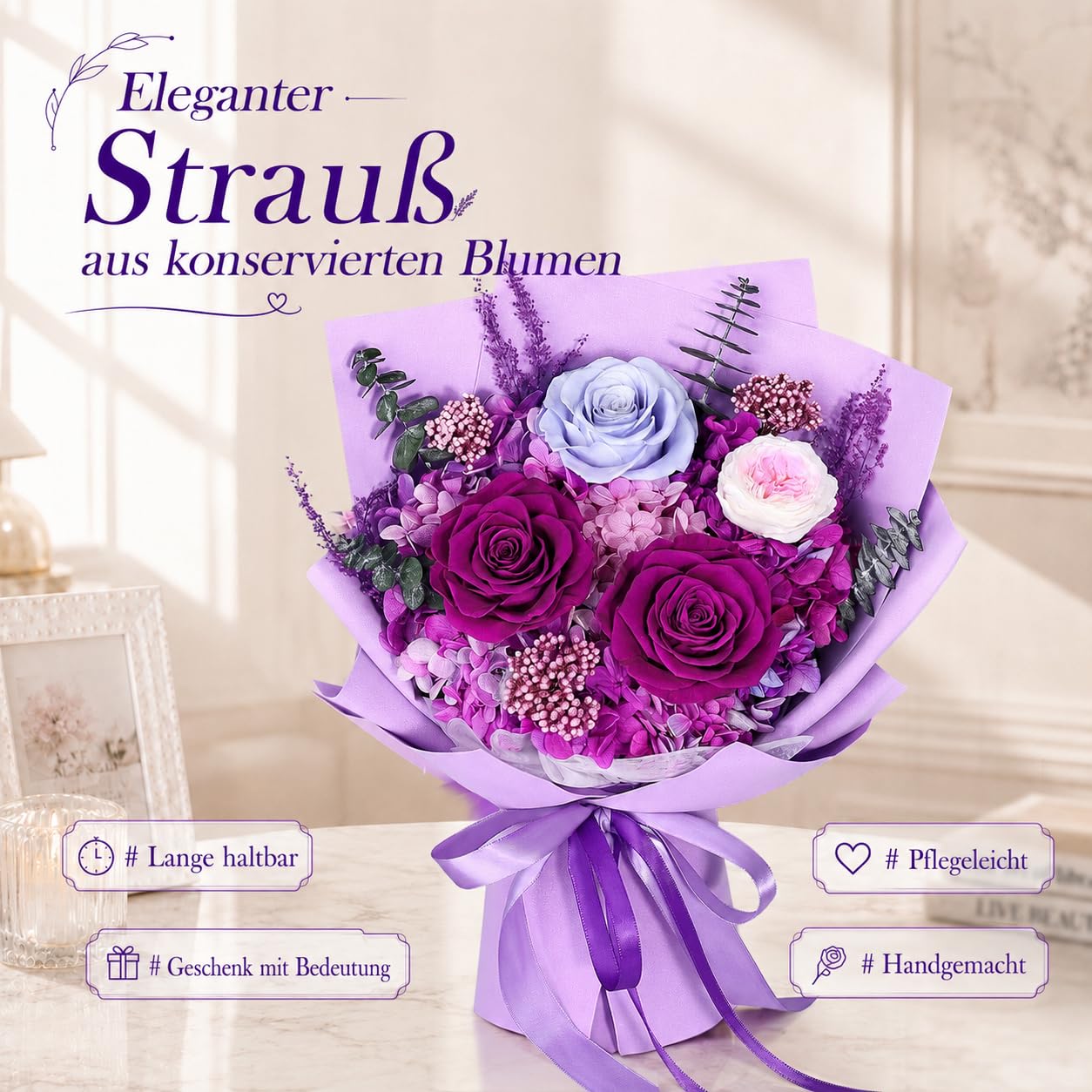 Ewiger Blumenstrauß Dunkellila, konservierte Rosen, für Frauen Mama | Echte konservierte Rosen,jahrelang haltbar; mit Geschenkbox; zum Muttertag, Geburtstag, Jahrestag für Mama, Oma, Ehefrau