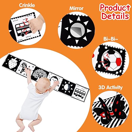 Miniatura 4 de Juguetes para bebés de alto contraste en blanco y negro, 0-6, 6-12 meses, suave, para el desarrollo del cerebro recién nacido, juguetes para el
