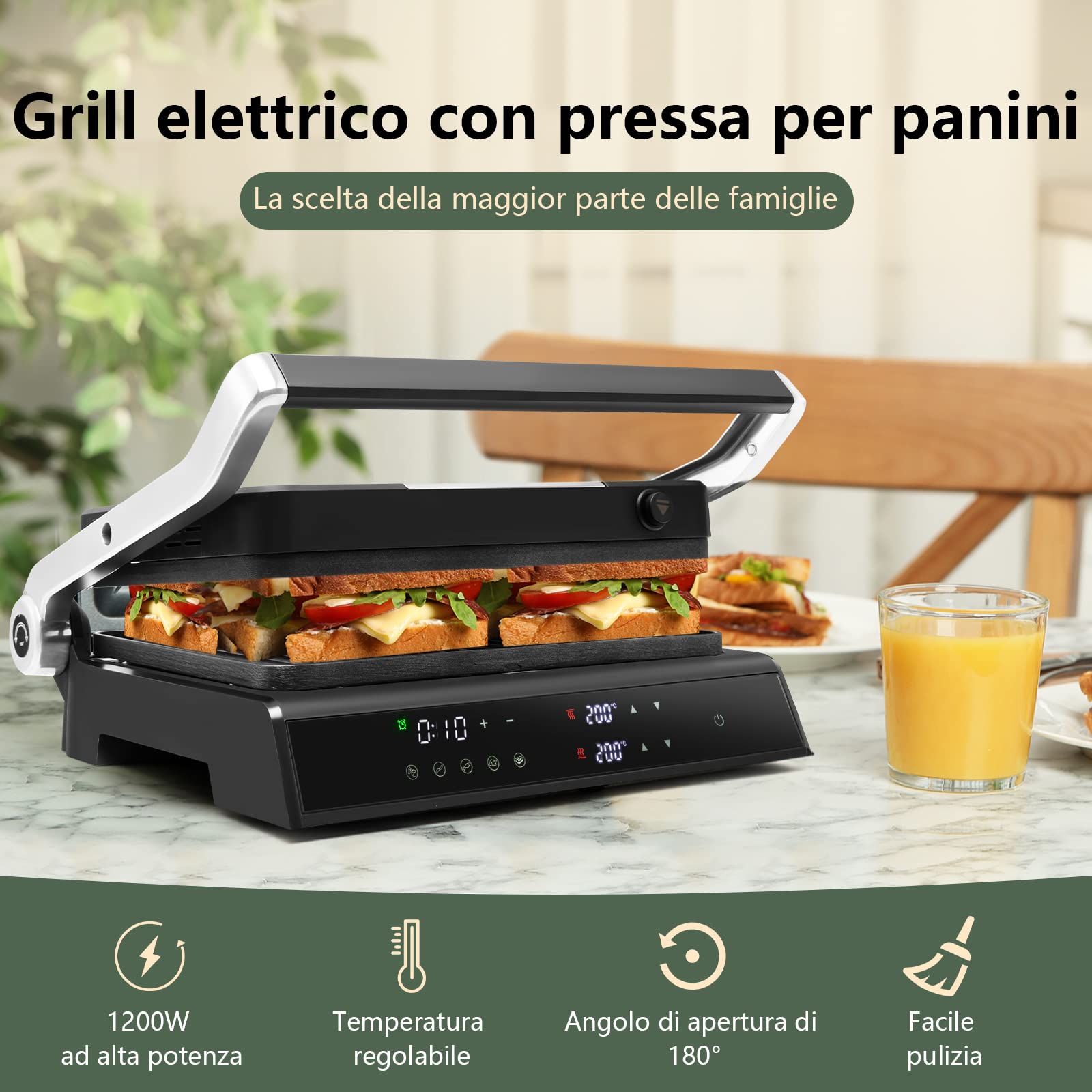 RELAX4LIFE Piastra Elettrica 2000W, Bistecchiera Elettrica con Piastre Antiaderenti e Rimovibili, 5 Modalità Automatiche, Cottura Bifacciali 90° a 230°, Timer 0-4 H, per Panini e BBQ