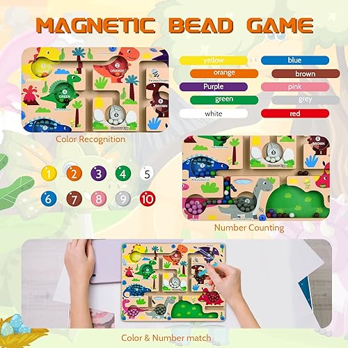 Miniatura 6 de Hafeehafi Laberinto magnético de dinosaurio de color y número, tablero de juego de rompecabezas de madera de dinosaurio, juego educativo Montessori