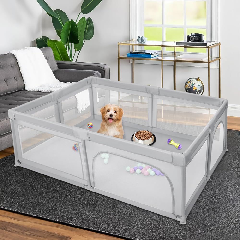 OHMG Parco per bambini, parco per bambini, 50 palline, grande parco per bambini, per interni ed esterni, con base antiscivolo, barriera parco bebebe,in tessuto Oxford, altoparlante per bambini (grigio