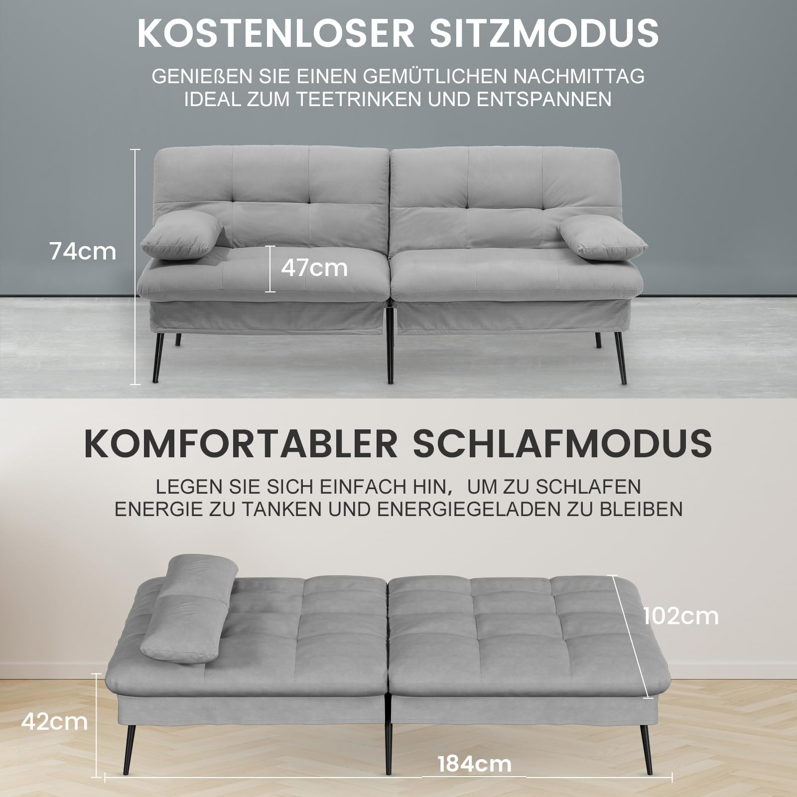 COMHOMA Schlafsofa mit Schlaffunktion – Futonbezug ausklappbar – Ecksofa – Gästesofa 3-Sitzer – mit Verstellbarer Rückenlehne aus grauem Stoff